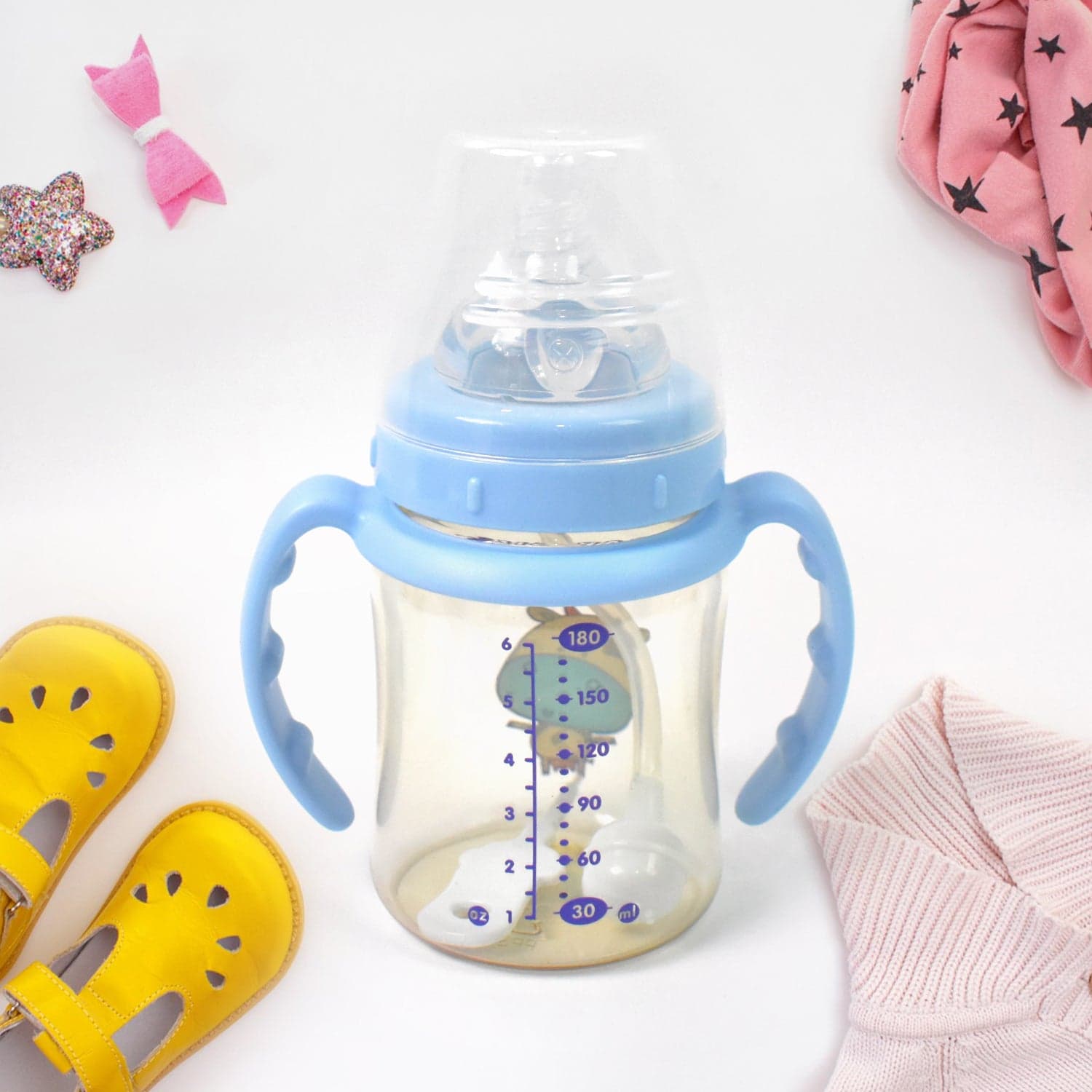 Plastic Baby Feeding Bottle with Handles, Cleaning brush & Straw (180 ML / 1 Pc) thumbnail 3