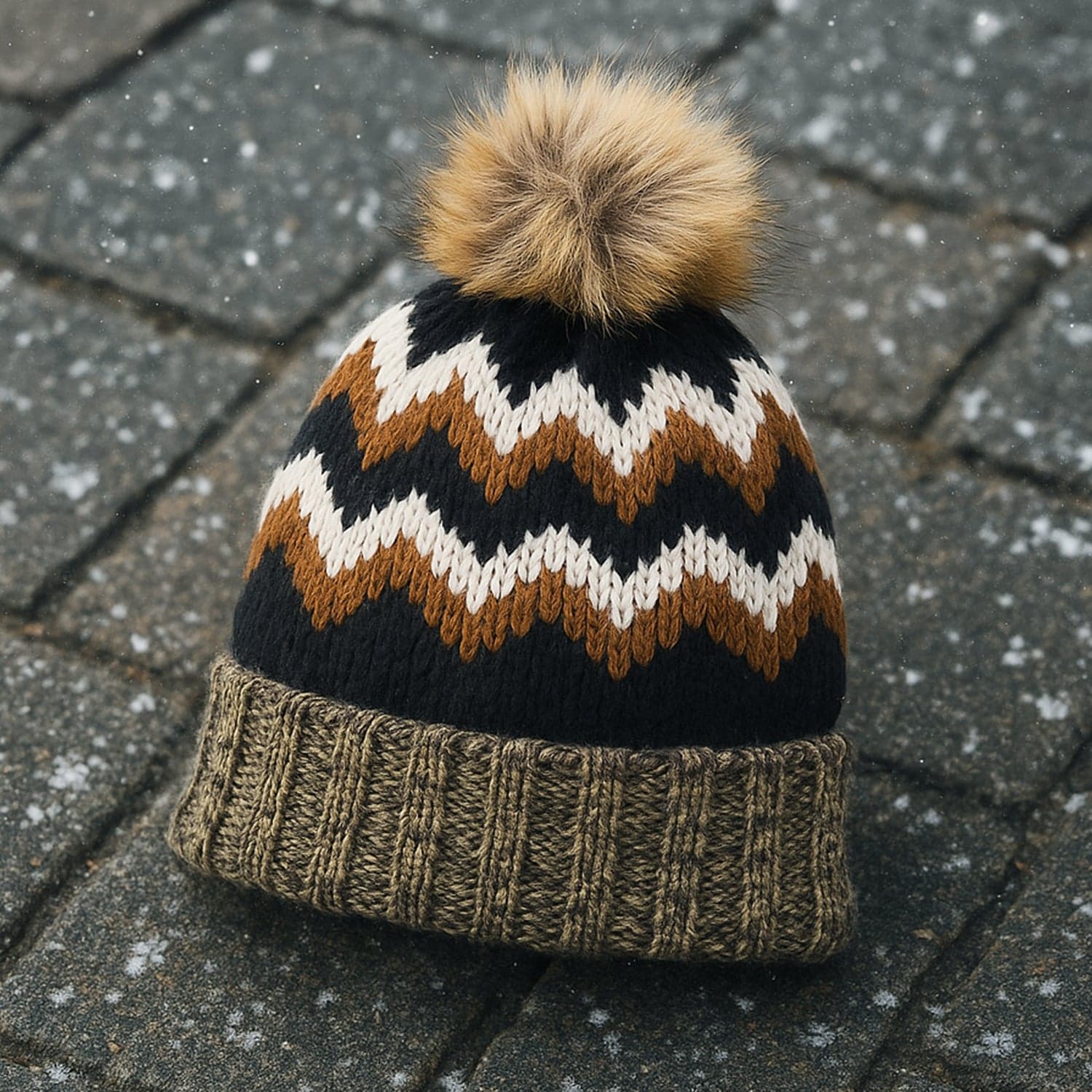 Winter Woolen Knitted Black Inside Fur Beanie Cap (1 Pc / Mix Design & Color) thumbnail 1