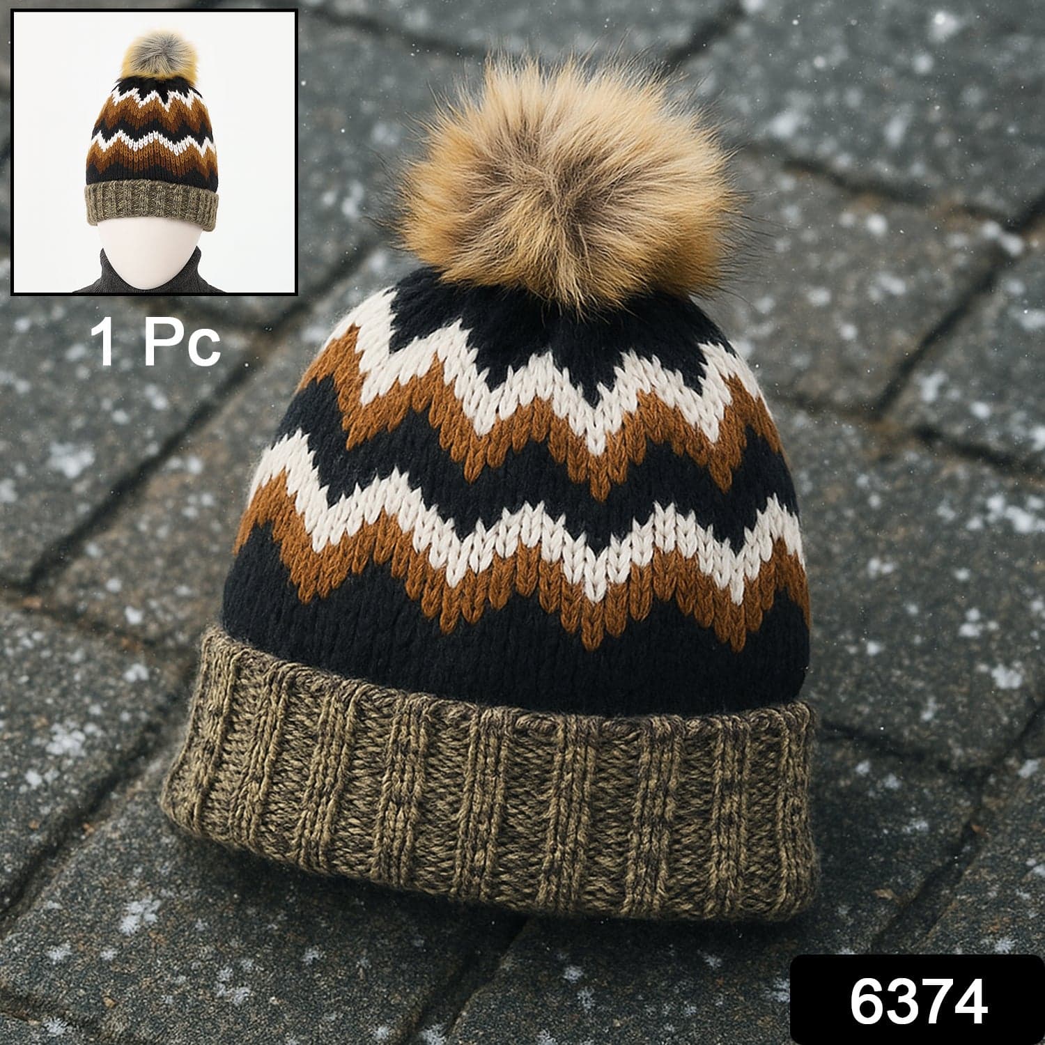 Winter Woolen Knitted Black Inside Fur Beanie Cap (1 Pc / Mix Design & Color) thumbnail 2
