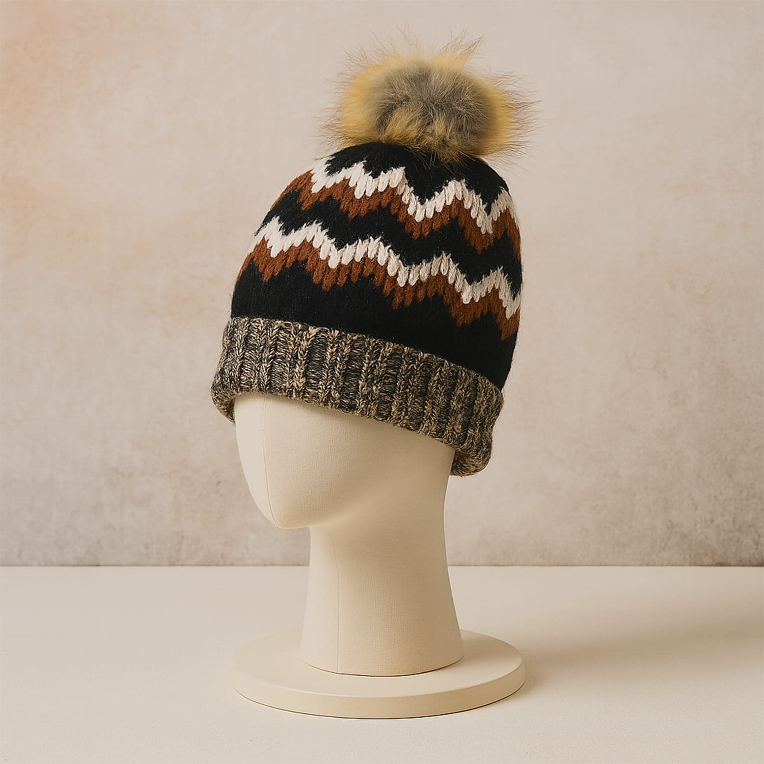 Winter Woolen Knitted Black Inside Fur Beanie Cap (1 Pc / Mix Design & Color) thumbnail 3
