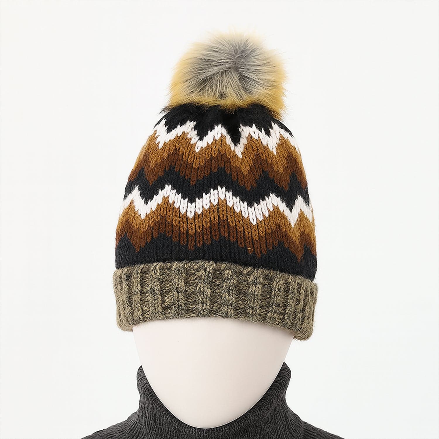 Winter Woolen Knitted Black Inside Fur Beanie Cap (1 Pc / Mix Design & Color) thumbnail 4