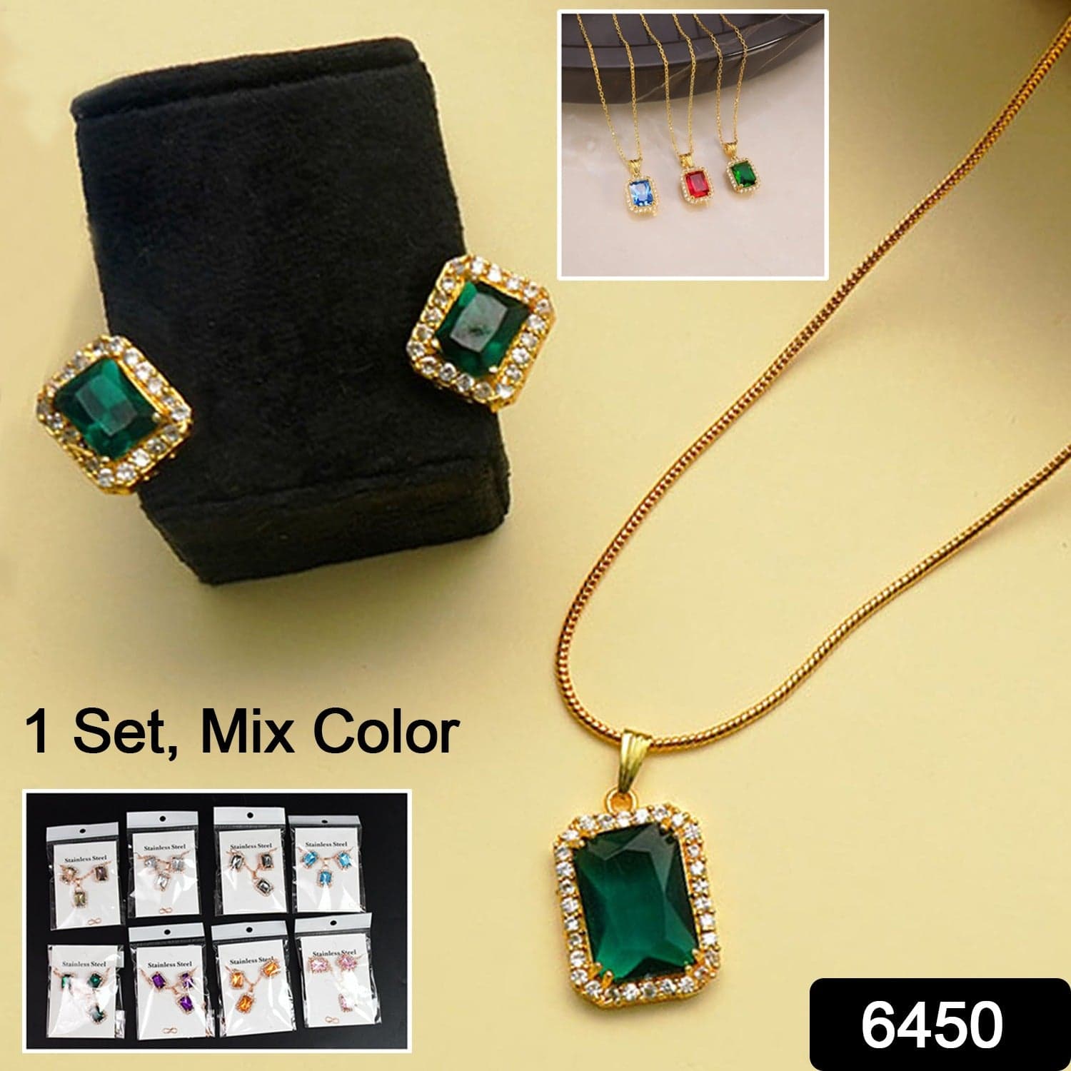 Stone Pendant Necklace Chain Set with Earrings (1 Set / Mix Color & Design) thumbnail 2