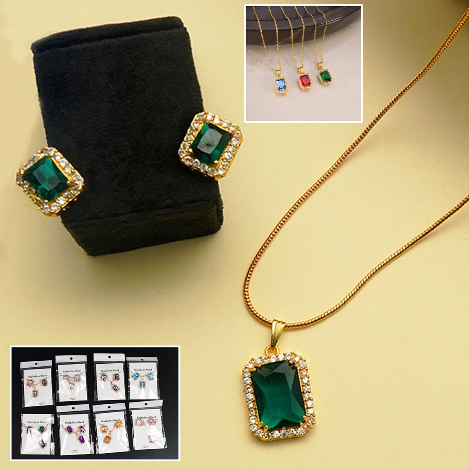 Stone Pendant Necklace Chain Set with Earrings (1 Set / Mix Color & Design) thumbnail 3