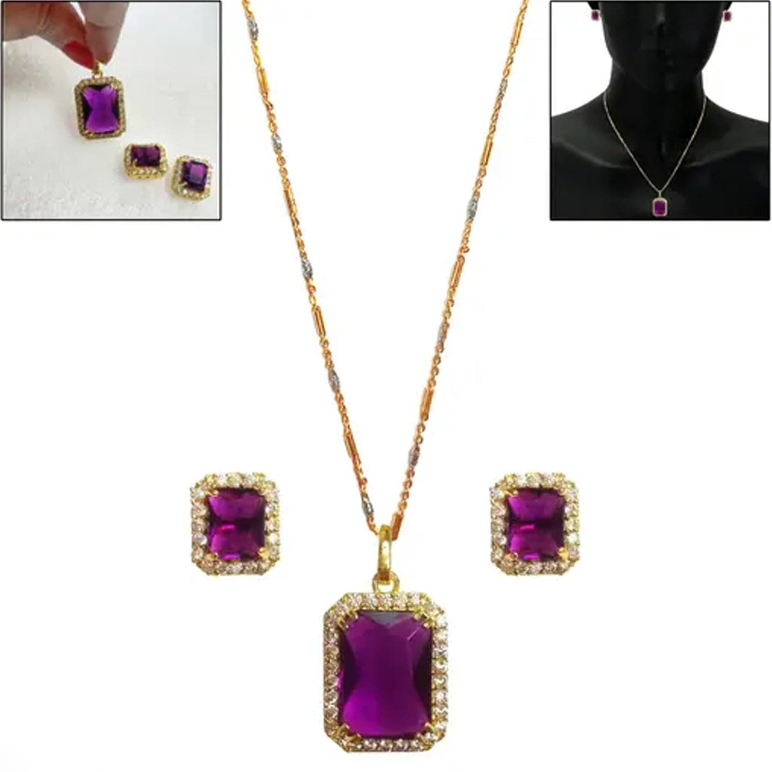 Stone Pendant Necklace Chain Set with Earrings (1 Set / Mix Color & Design) thumbnail 5