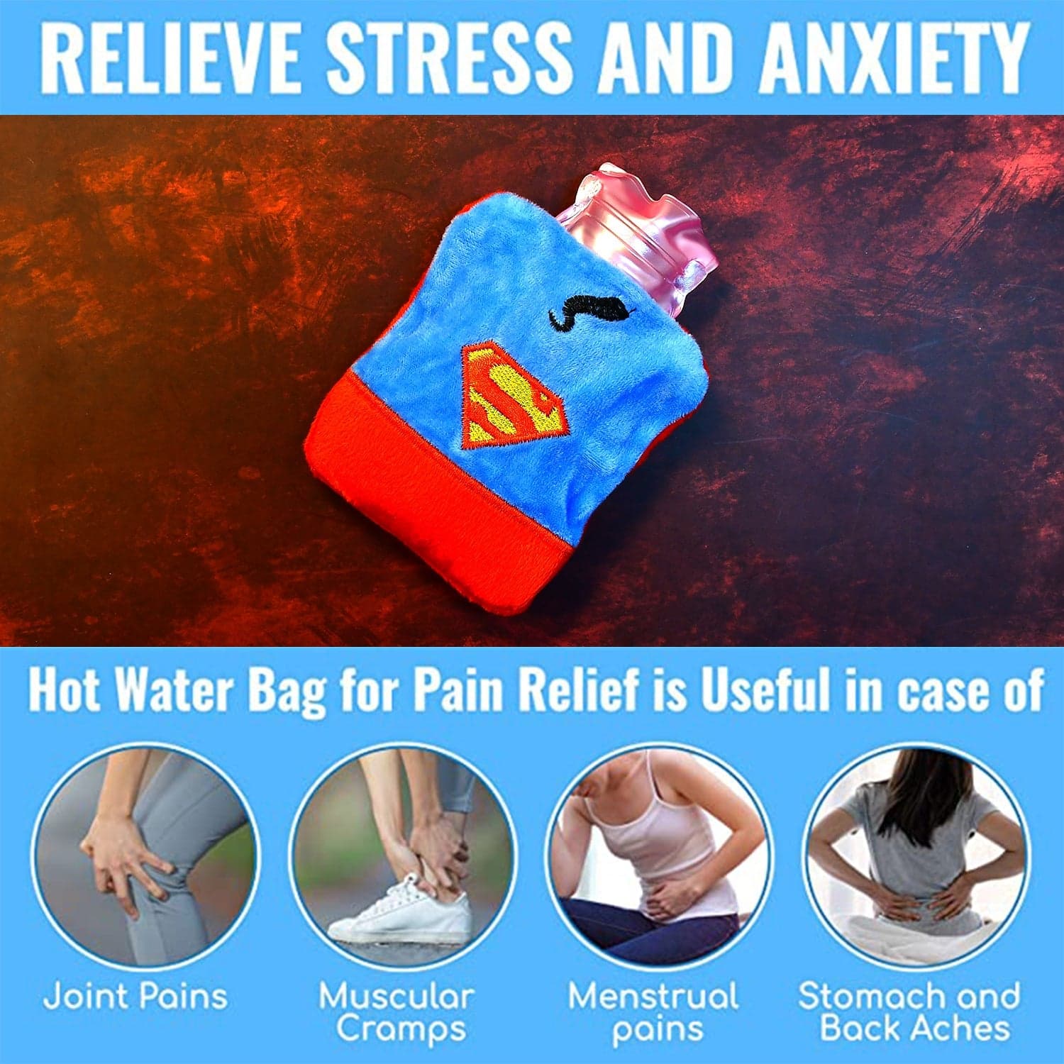 Superman Print Small Hot Water Bag with Cover for Pain Relief thumbnail 6