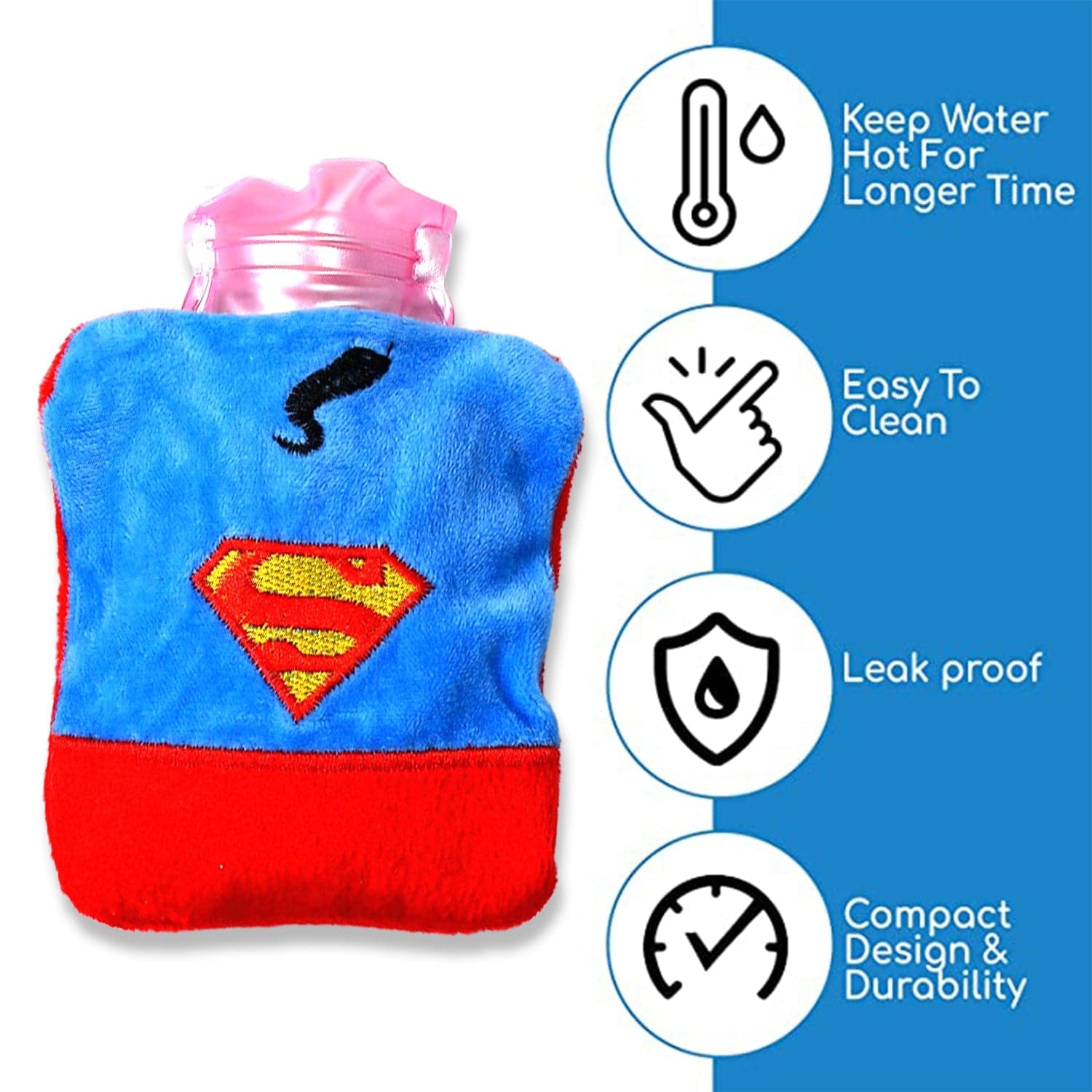 Superman Print Small Hot Water Bag with Cover for Pain Relief thumbnail 7