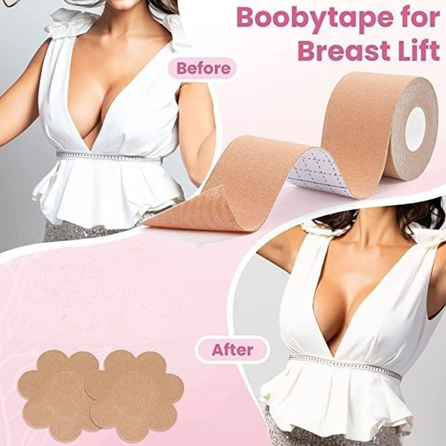 Boob Tape with Nipple Covers: Cotton, Breathable, Lift & Support (5m, 10 Pairs) thumbnail 4
