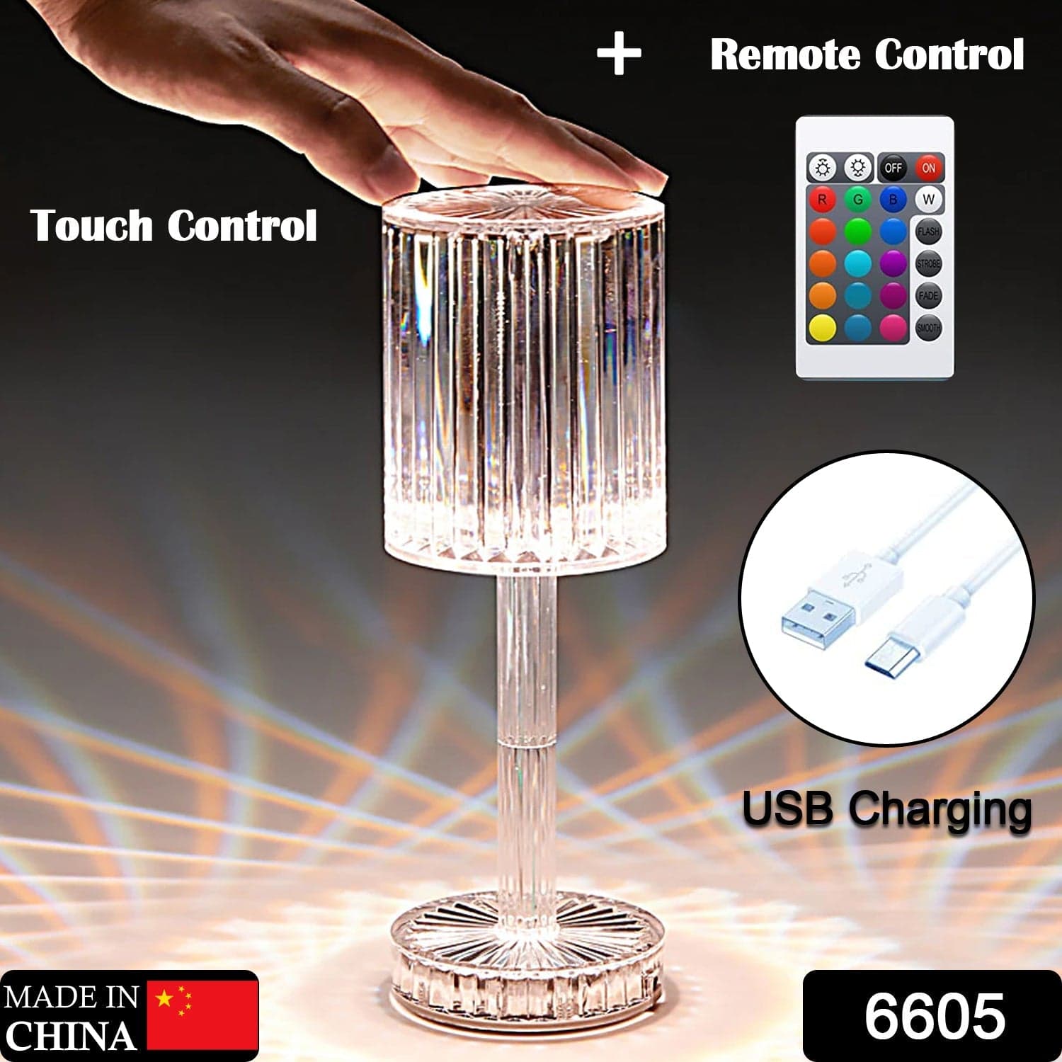 Crystal Table Lamp , Touch Control Atmosphere Nightstand Lamp With USB Charging Line thumbnail 2