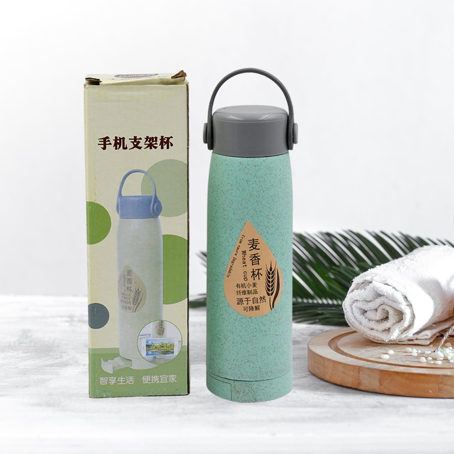 Creative Wheat Glass Water Bottle with Phone Holder (380ml, 80 Pc MOQ) thumbnail 3