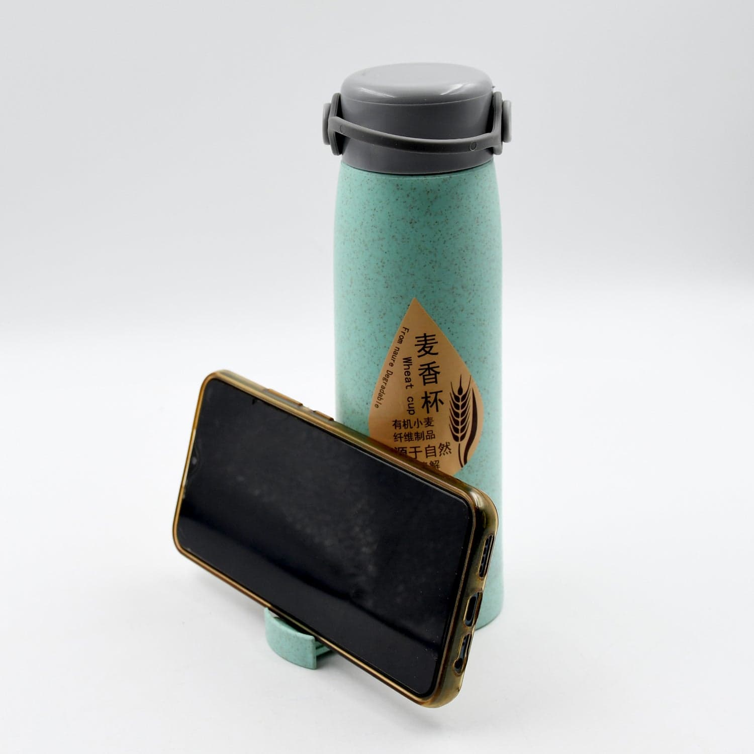 Creative Wheat Glass Water Bottle with Phone Holder (380ml, 80 Pc MOQ) thumbnail 4