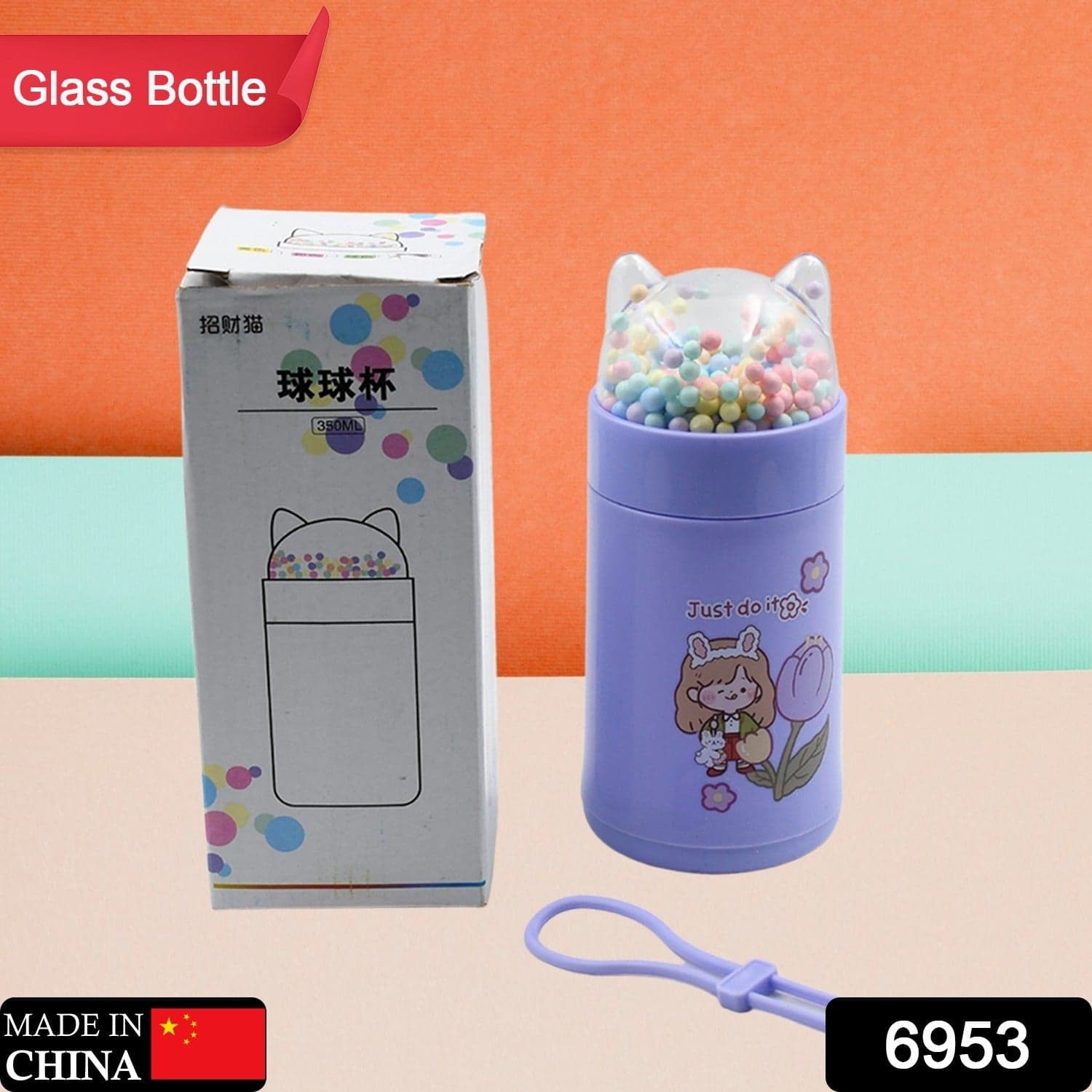 Girl Glass Water Bottle for School with Kid Sparkle Strap Cat Lid Sequins Glitter Glass Cup Birthday Gift Children 350ml (MOQ :- 75 pc) thumbnail 2