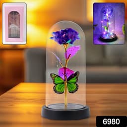 Led Preserved Rose With Colorful Butterfly In Plastic Dome 1 Pc Mix Color