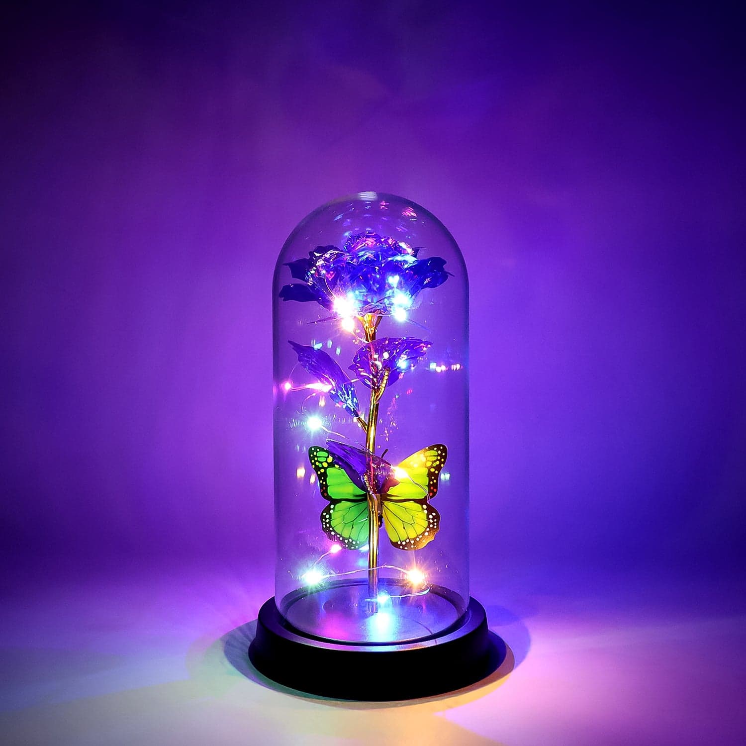 Led Preserved Rose With Colorful Butterfly In Plastic Dome 1 Pc Mix Color thumbnail 5