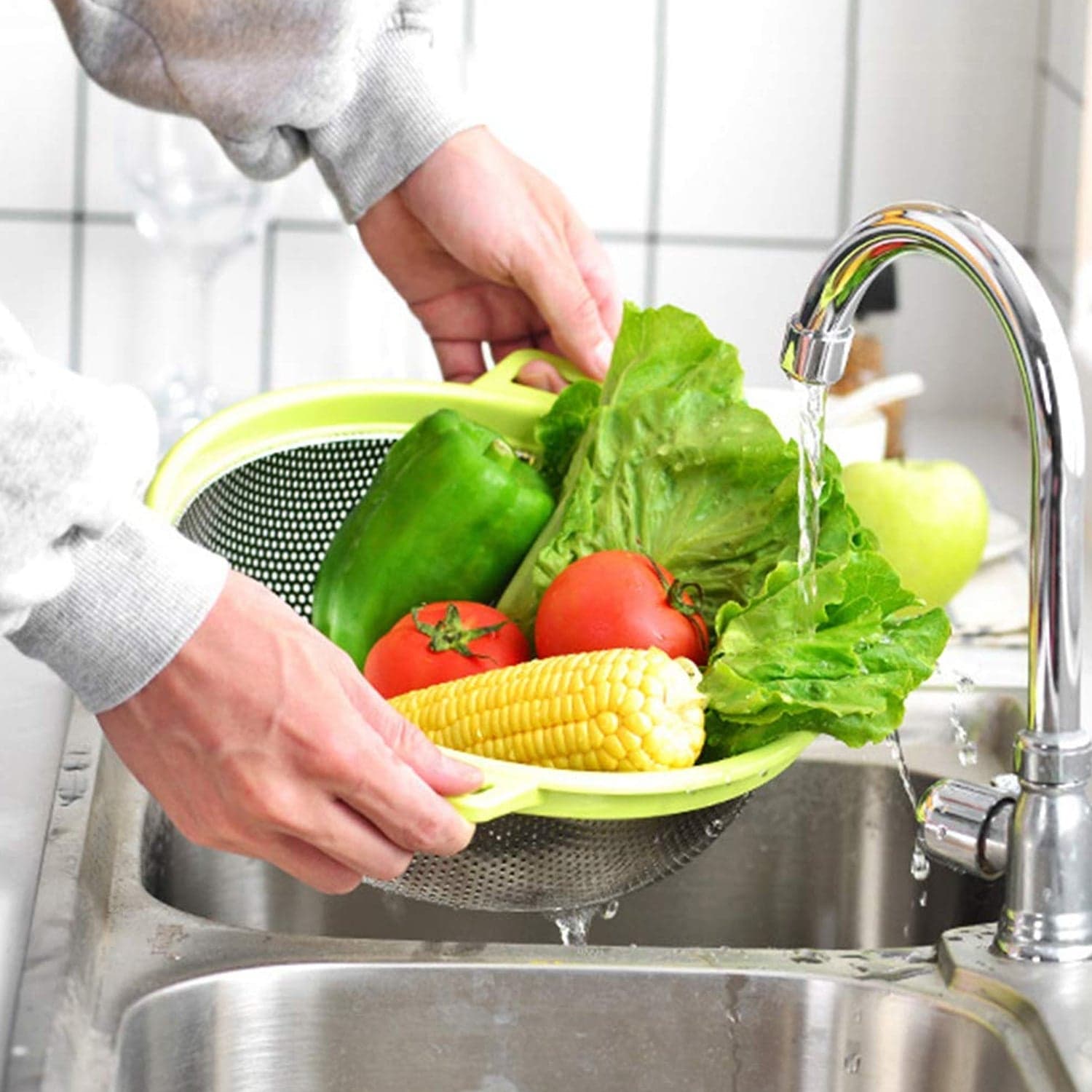 Stainless Steel Colander With Handle, Large Metal Green Strainer For Pasta, Spaghetti, Berry, Veggies, Fruits, Kitchen Food Colander, Dishwasher Safe thumbnail 8