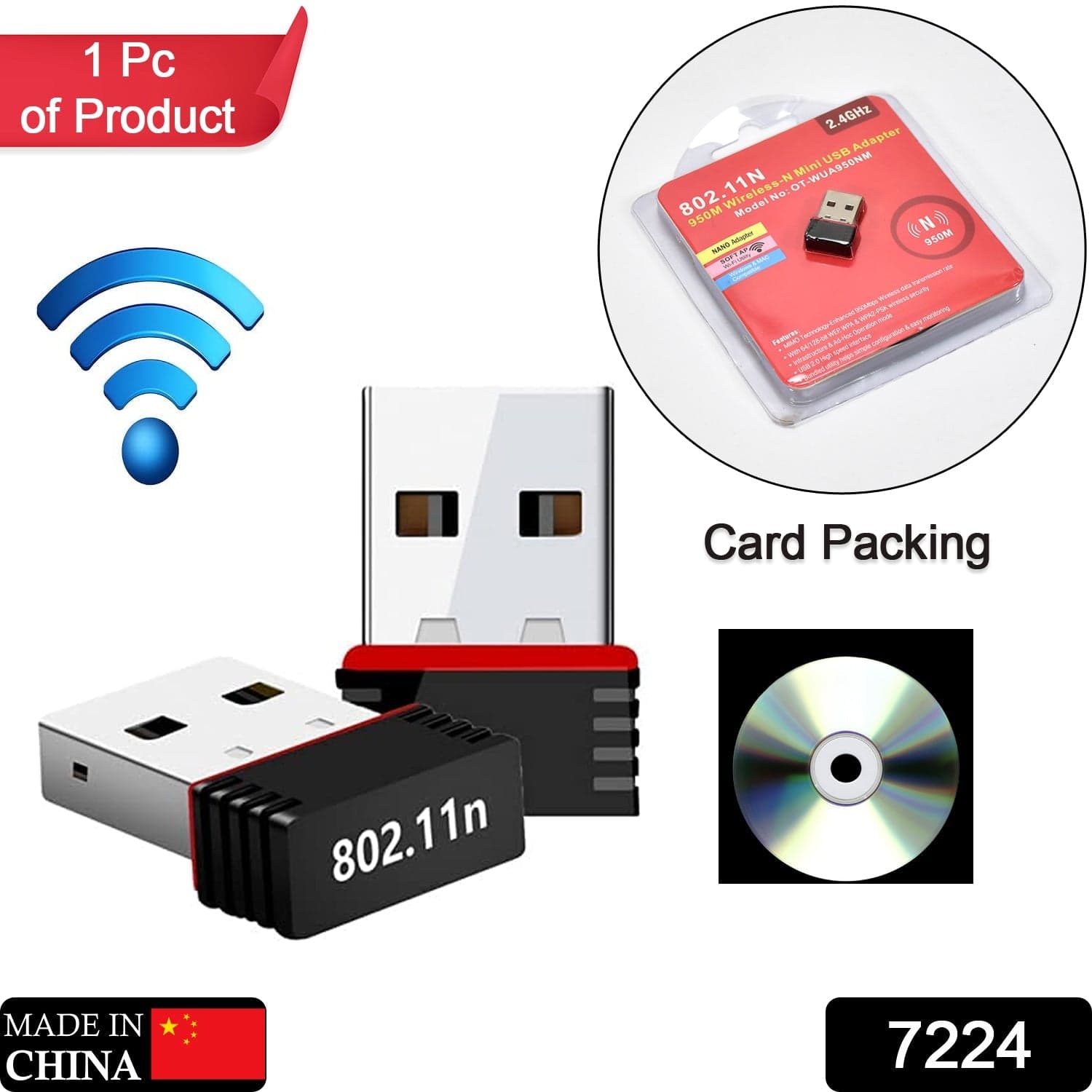 Wireless Mini Wi-Fi Network Adapter with Driver CD for Computer & Laptop thumbnail 1