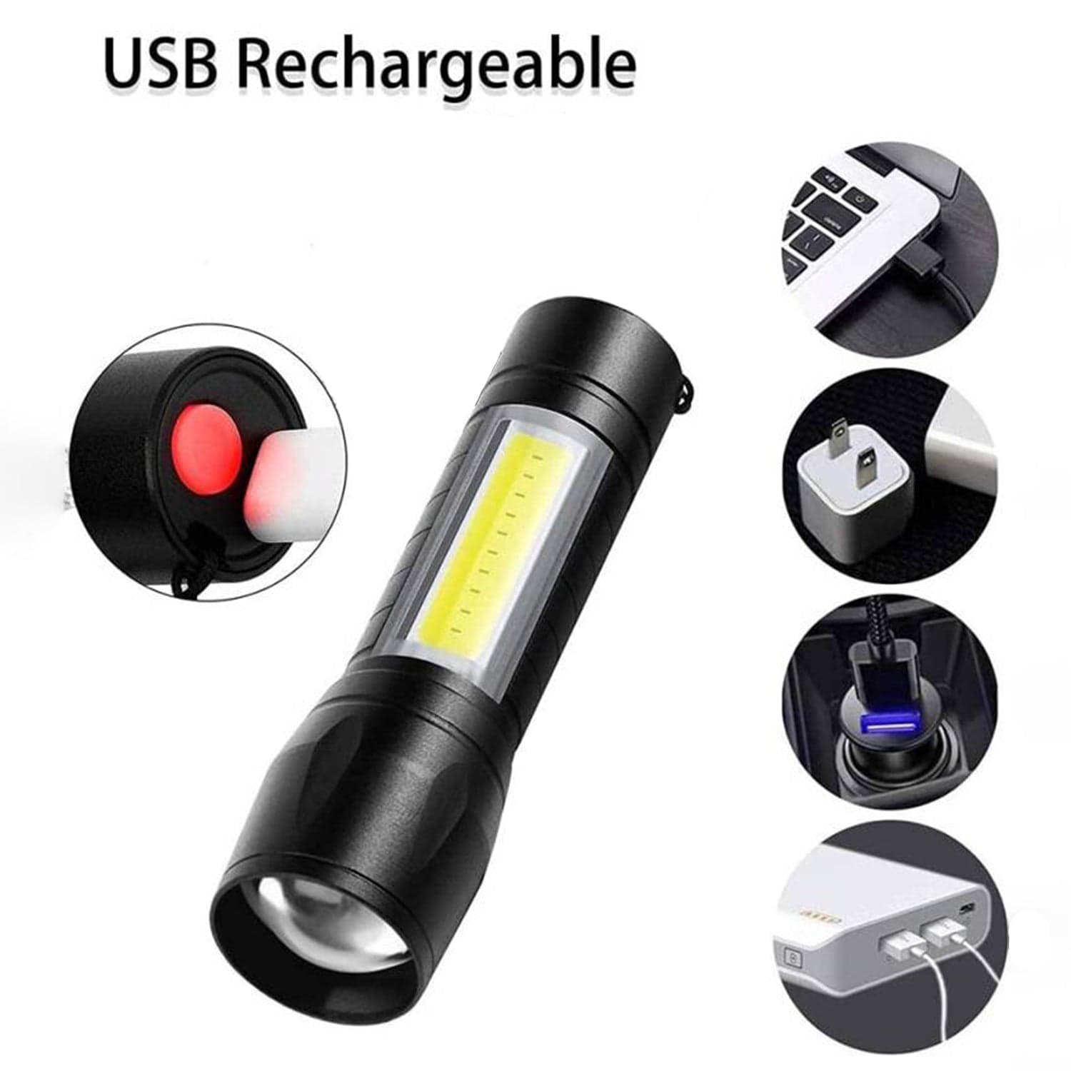 Led Usb Rechargeable Mini Flashlight Of Ultra-Bright Zoom & Cob Side Lantern thumbnail 6