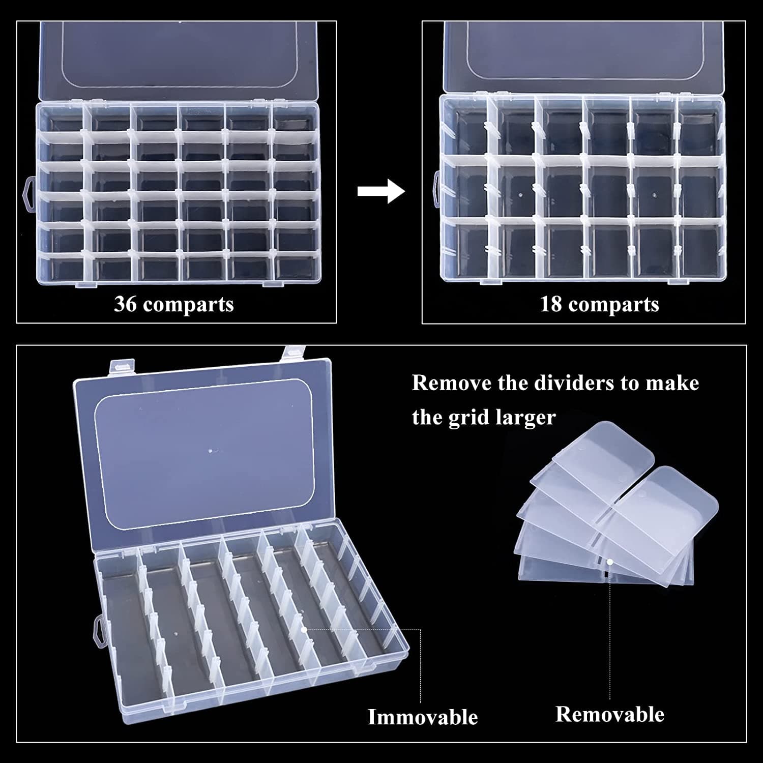 36 Grids Clear Plastic Organizer Box With Adjustable Compartment Dividers thumbnail 10