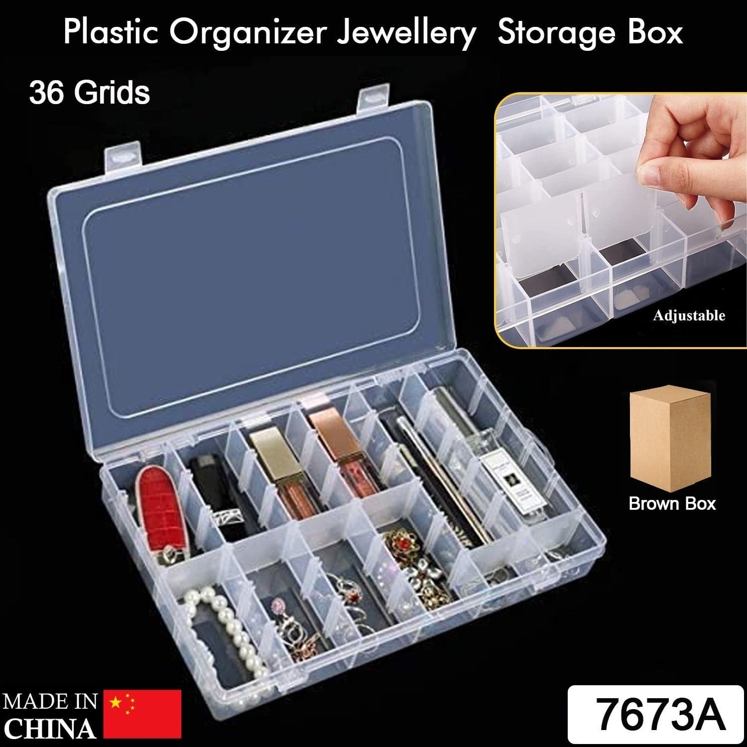 36 Grids Clear Plastic Organizer Jewelry Storage Box With Adjustable Dividers thumbnail 2