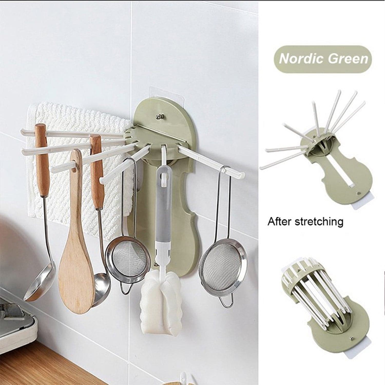 Plastic 7-in-1 Multifunction Retractable Wall-Mounted Pull-Out Hanger Rack Without Punching Hooks Up for Kitchen Bathroom thumbnail 4