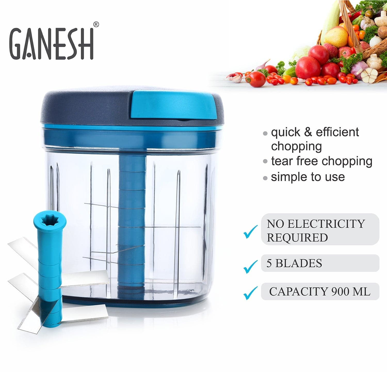 Ganesh Master Chopper with 5 Stainless Steel Blades, XL Large Jumbo Chopper (900 Ml) thumbnail 3