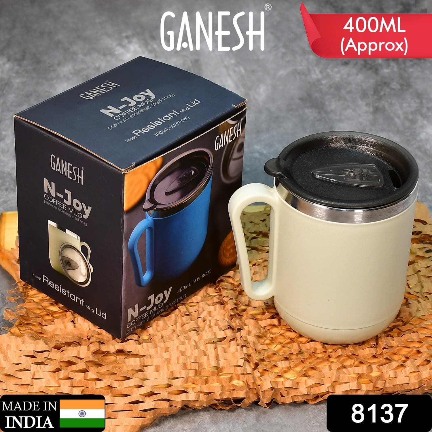 Ganesh Premium Stainless Steel Coffee Mug with heat resistant mug lid. Approx 400Ml mug. thumbnail 2