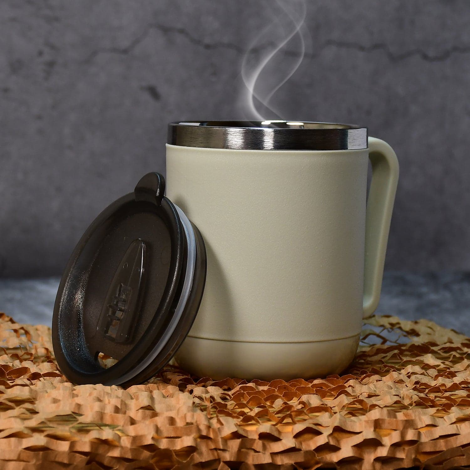 Ganesh Premium Stainless Steel Coffee Mug with heat resistant mug lid. Approx 400Ml mug. thumbnail 3