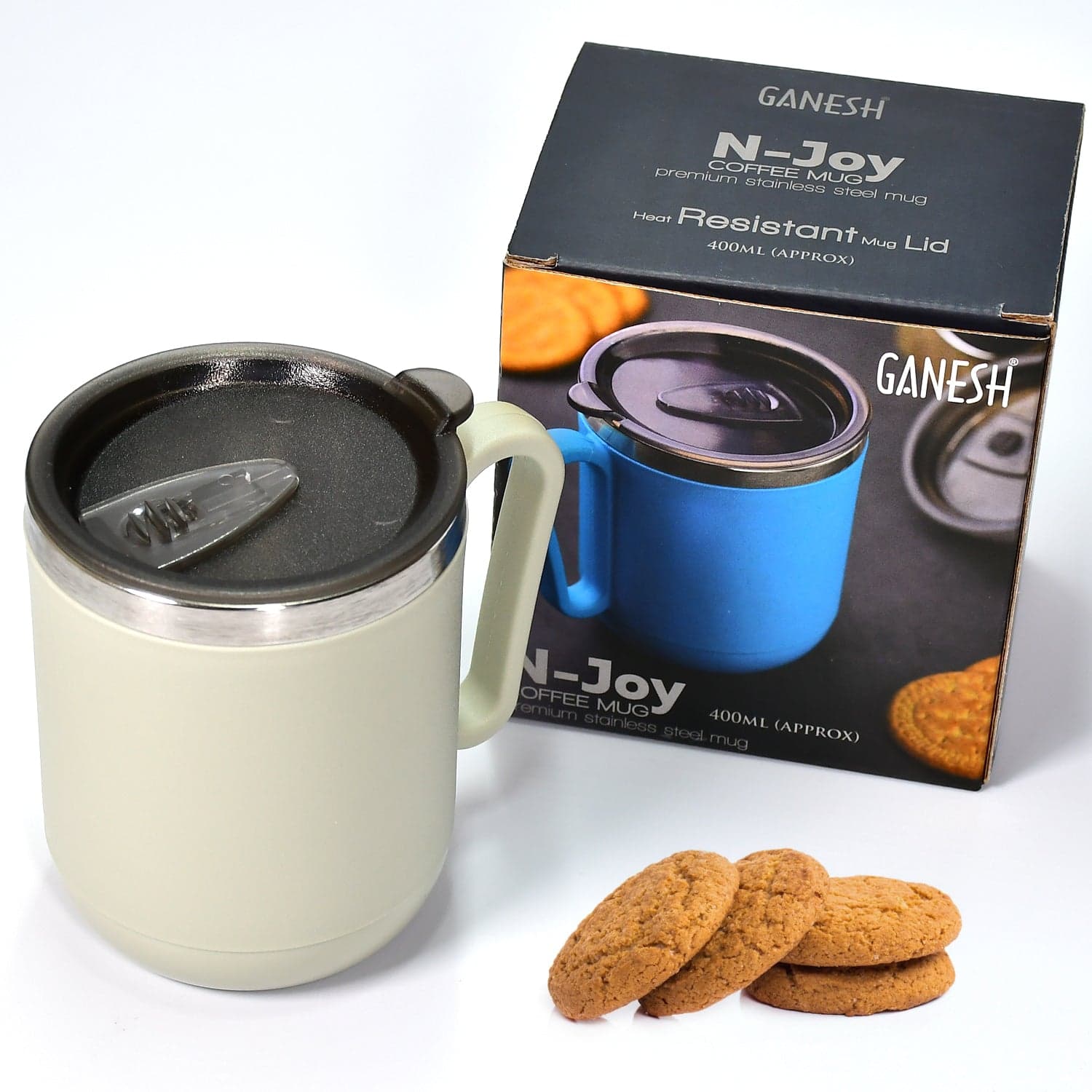 Ganesh Premium Stainless Steel Coffee Mug with heat resistant mug lid. Approx 400Ml mug. thumbnail 4