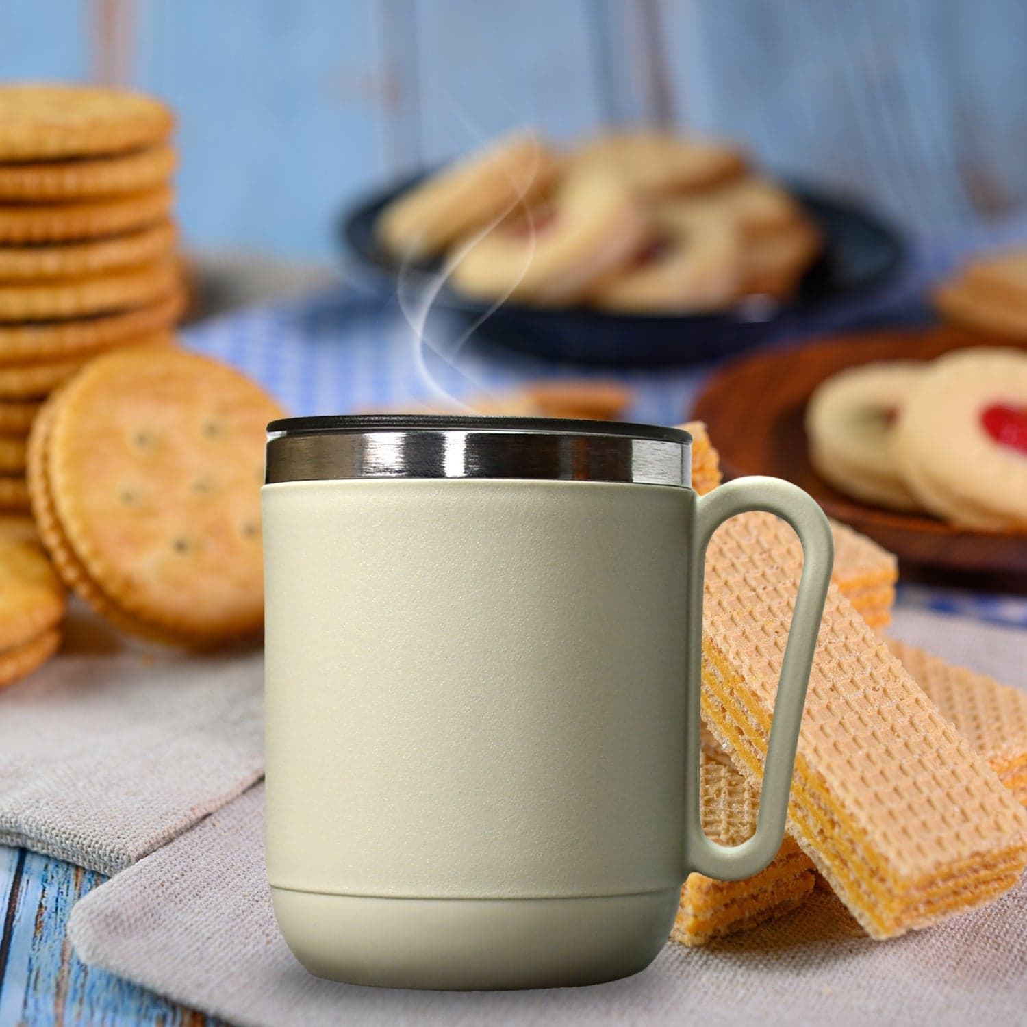 Ganesh Premium Stainless Steel Coffee Mug with heat resistant mug lid. Approx 400Ml mug. thumbnail 6