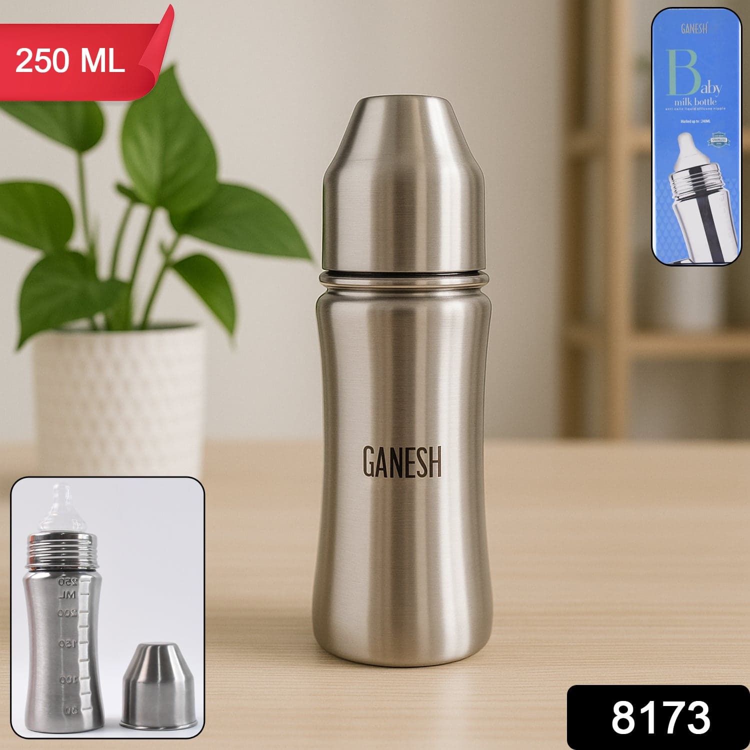 Ganesh Stainless Steel Baby Feeding Bottle, Milk Bottle For New Born / Infants / Toddler Up To 3 Years, Bfa Free (250 Ml Approx) thumbnail 2