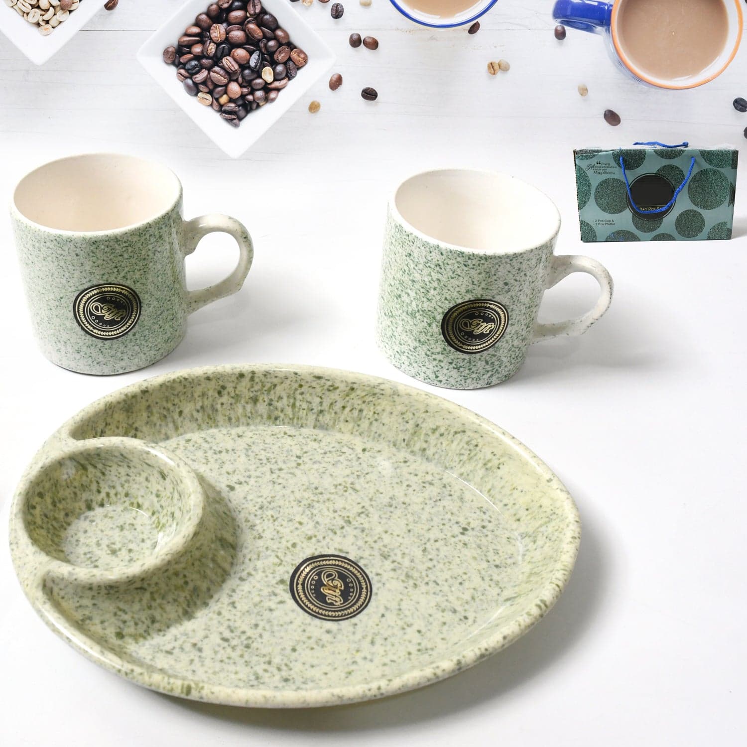 Ceramic Tea/Coffee Cup Set - Alpino 3-Piece with 2-Compartment Serving Platter (BPA-Free) thumbnail 1
