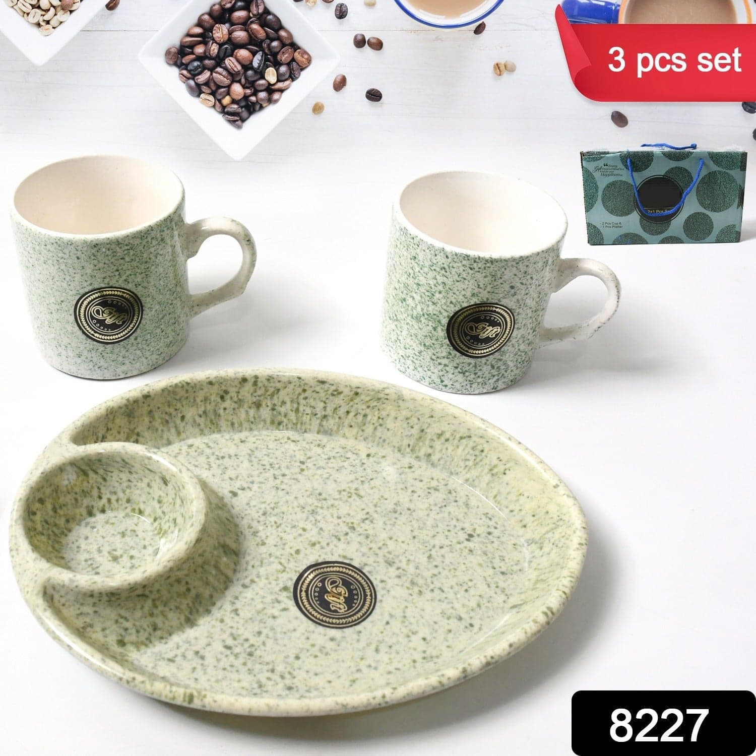 Ceramic Tea/Coffee Cup Set - Alpino 3-Piece with 2-Compartment Serving Platter (BPA-Free) thumbnail 2