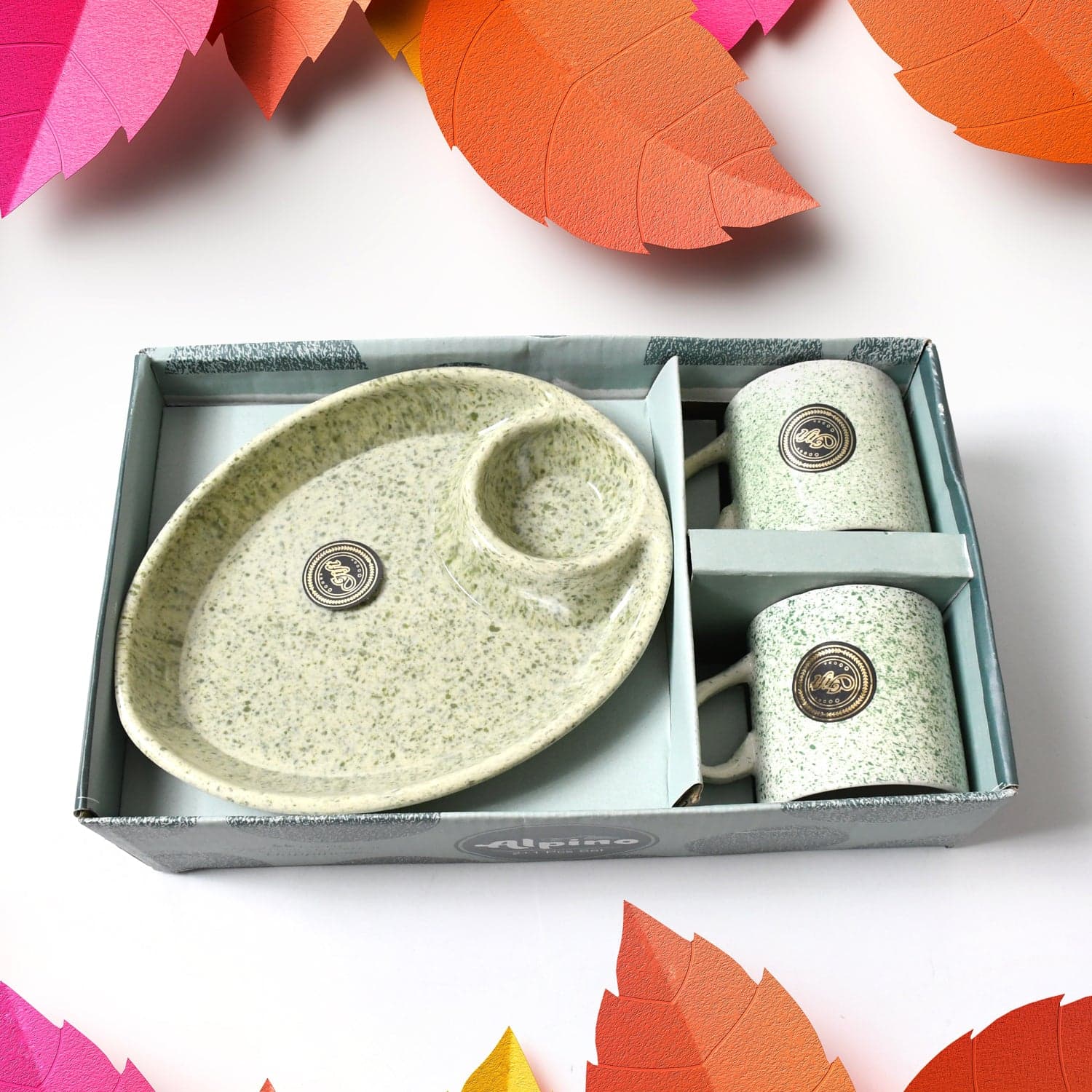 Ceramic Tea/Coffee Cup Set - Alpino 3-Piece with 2-Compartment Serving Platter (BPA-Free) thumbnail 3
