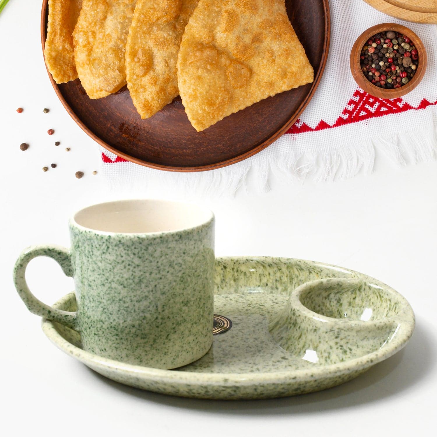 Ceramic Tea/Coffee Cup Set - Alpino 3-Piece with 2-Compartment Serving Platter (BPA-Free) thumbnail 7