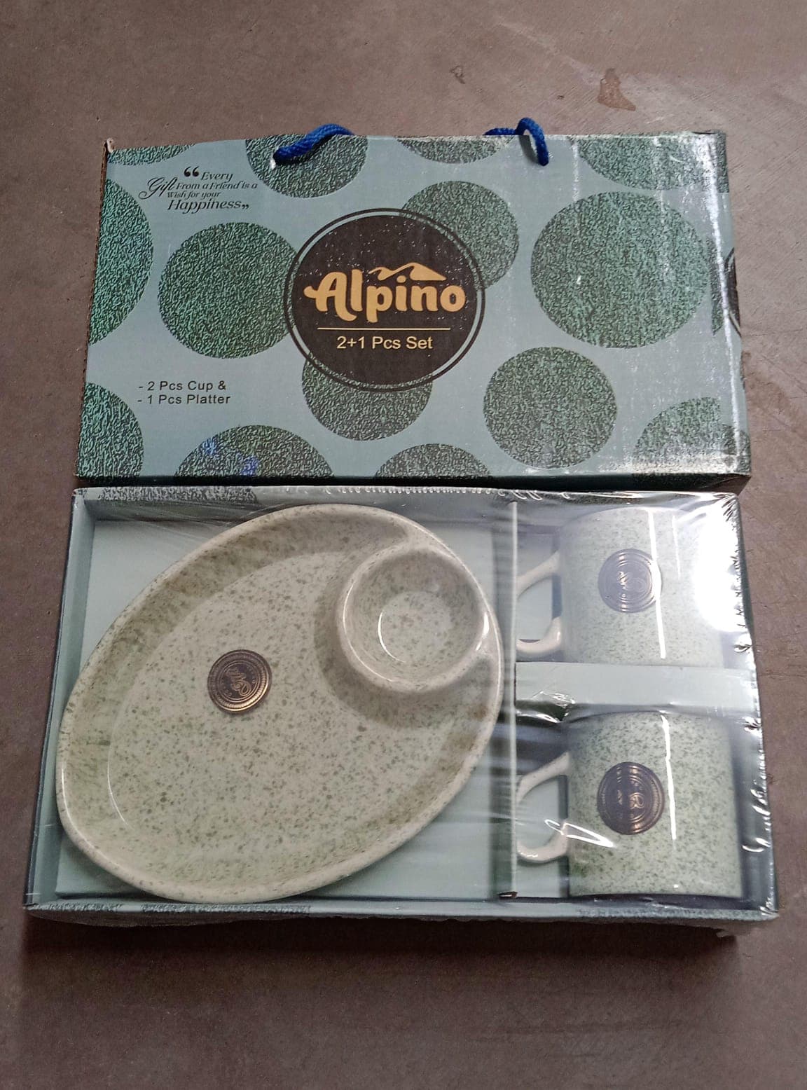 Ceramic Tea/Coffee Cup Set - Alpino 3-Piece with 2-Compartment Serving Platter (BPA-Free) thumbnail 8