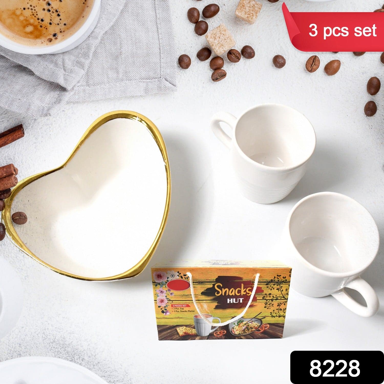 Snacks Hut Ceramic Tea / Cups Set With Heart Shape Plastic Serving Platter thumbnail 2
