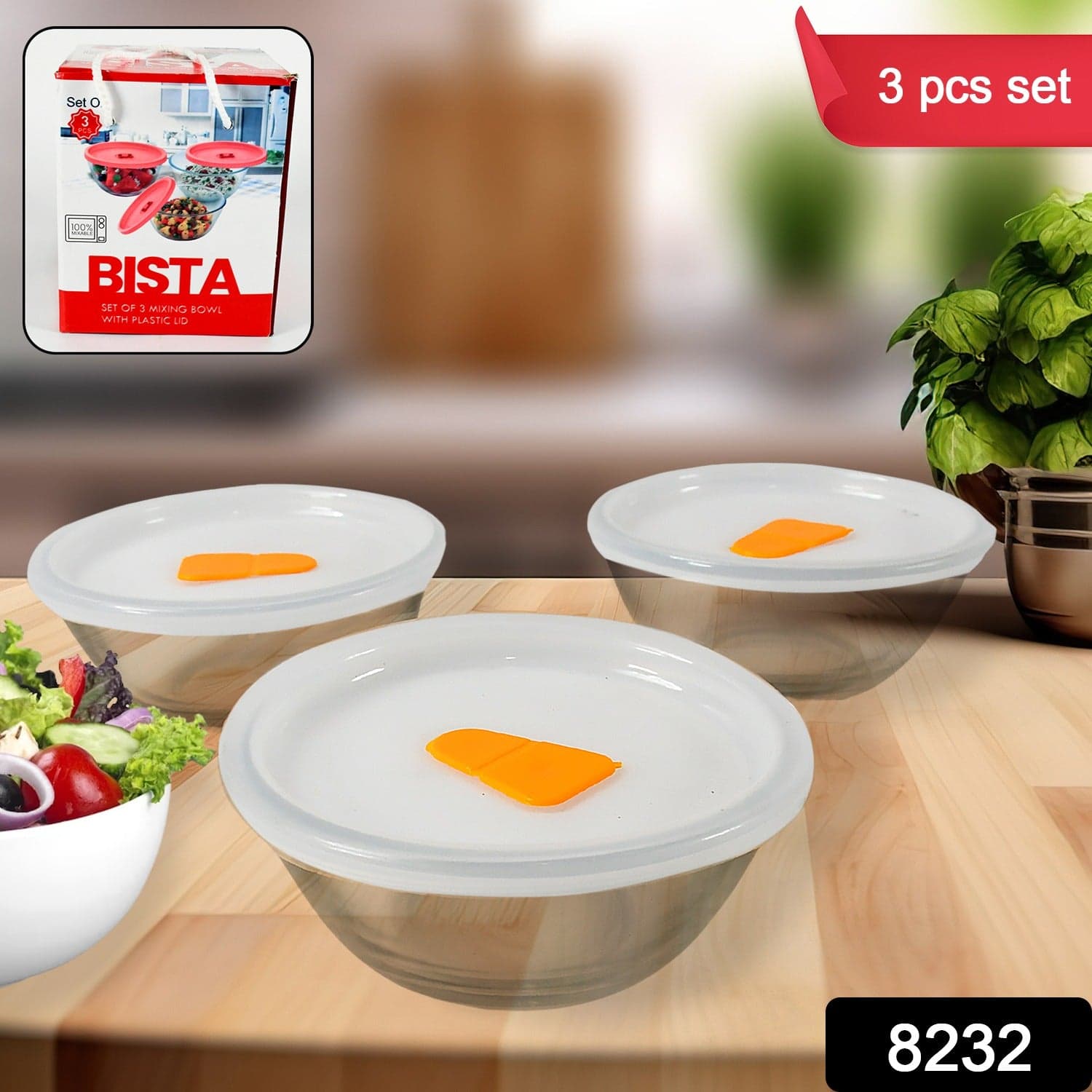 Bista Glass Serving & Mixing Bowls With Plastic Lid (3 Pcs Set / 250 Ml Approx) thumbnail 2