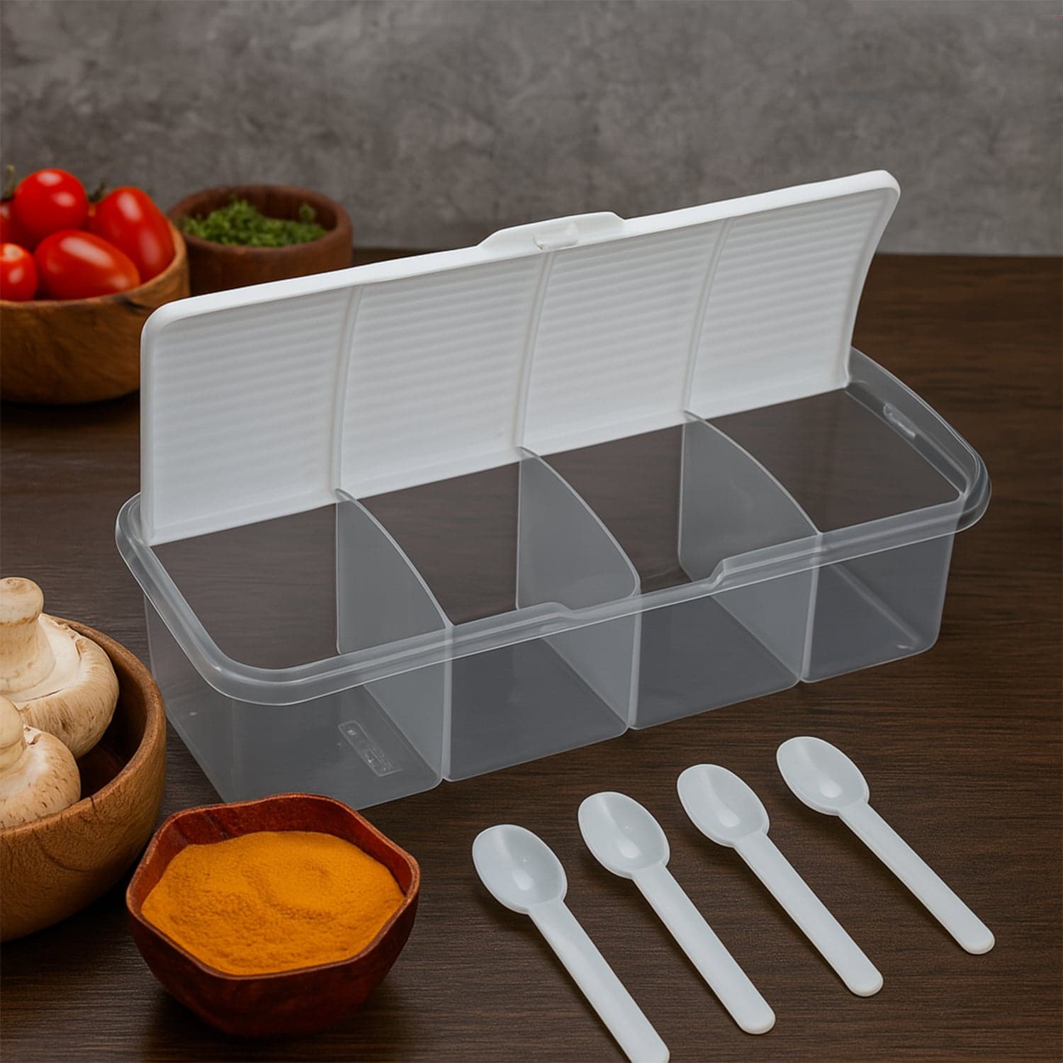 Kitchen Multipurpose Air-tight 4 Sections Storage Containers / Masala Box Pickle (Achar) Jar with 4 spoon for each section (1 Pc / Mix Color) thumbnail 1