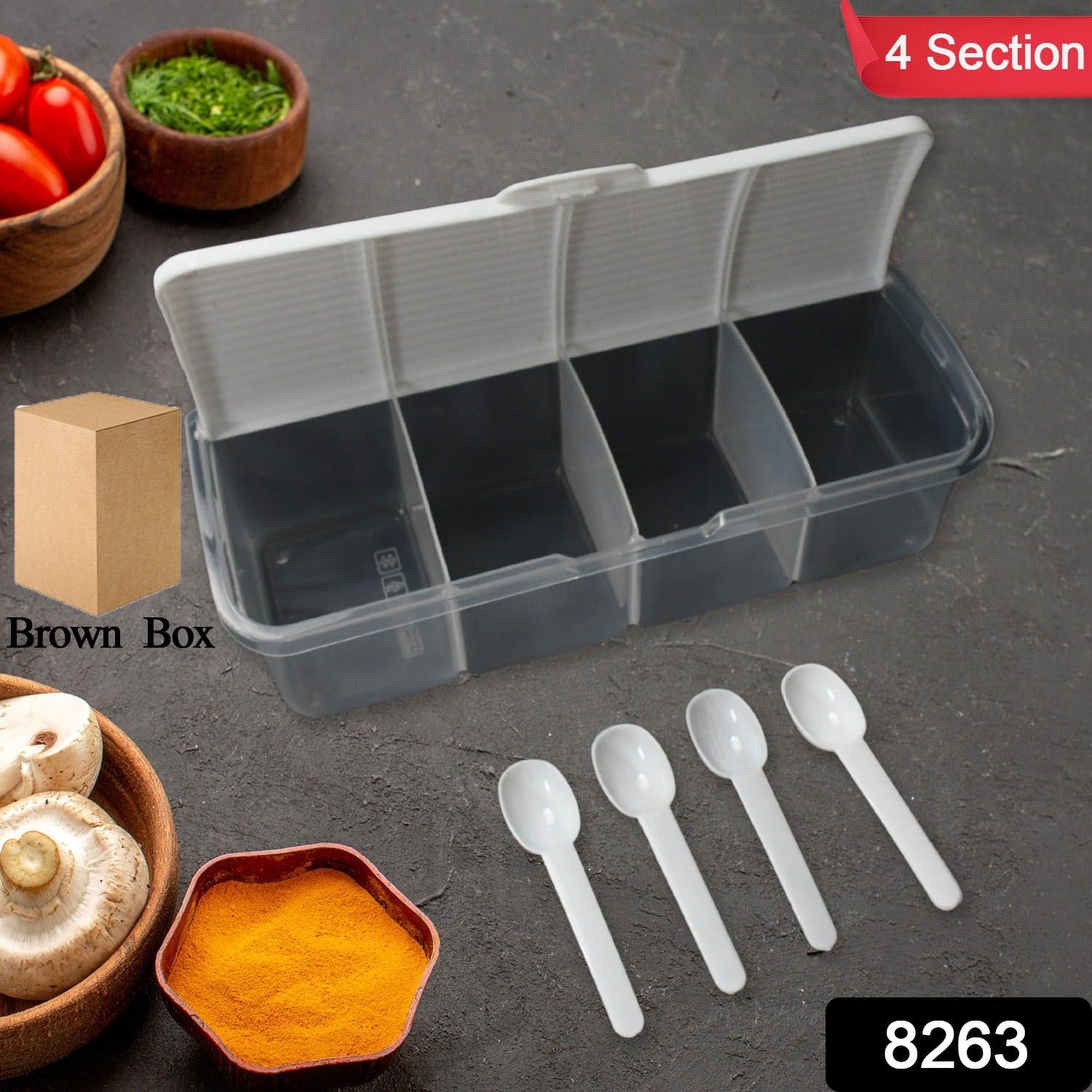 Kitchen Multipurpose Air-tight 4 Sections Storage Containers / Masala Box Pickle (Achar) Jar with 4 spoon for each section (1 Pc / Mix Color) thumbnail 2