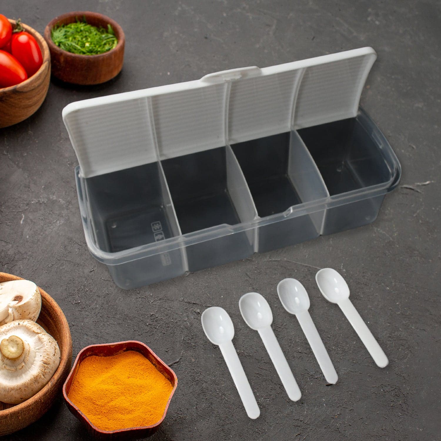 Kitchen Multipurpose Air-tight 4 Sections Storage Containers / Masala Box Pickle (Achar) Jar with 4 spoon for each section (1 Pc / Mix Color) thumbnail 3