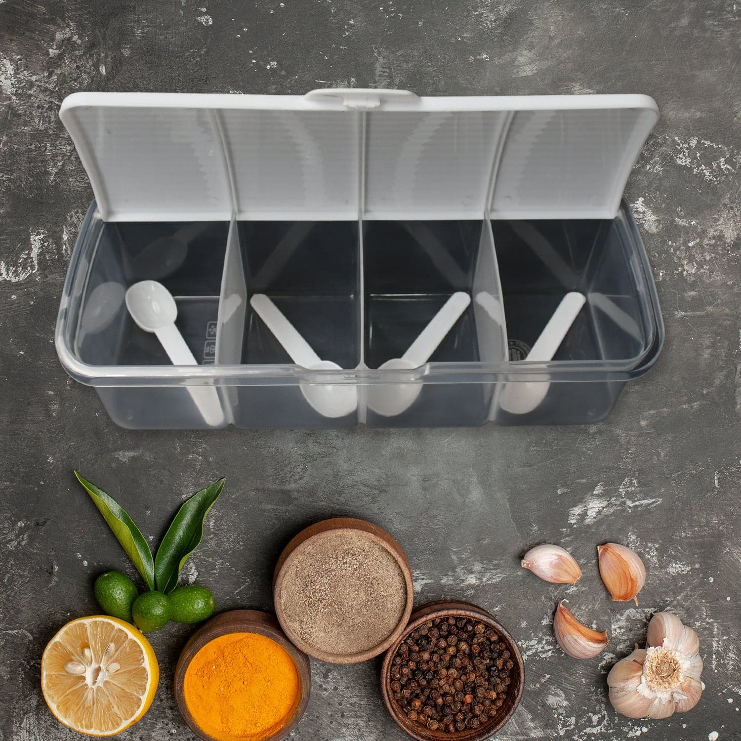 Kitchen Multipurpose Air-tight 4 Sections Storage Containers / Masala Box Pickle (Achar) Jar with 4 spoon for each section (1 Pc / Mix Color) thumbnail 4