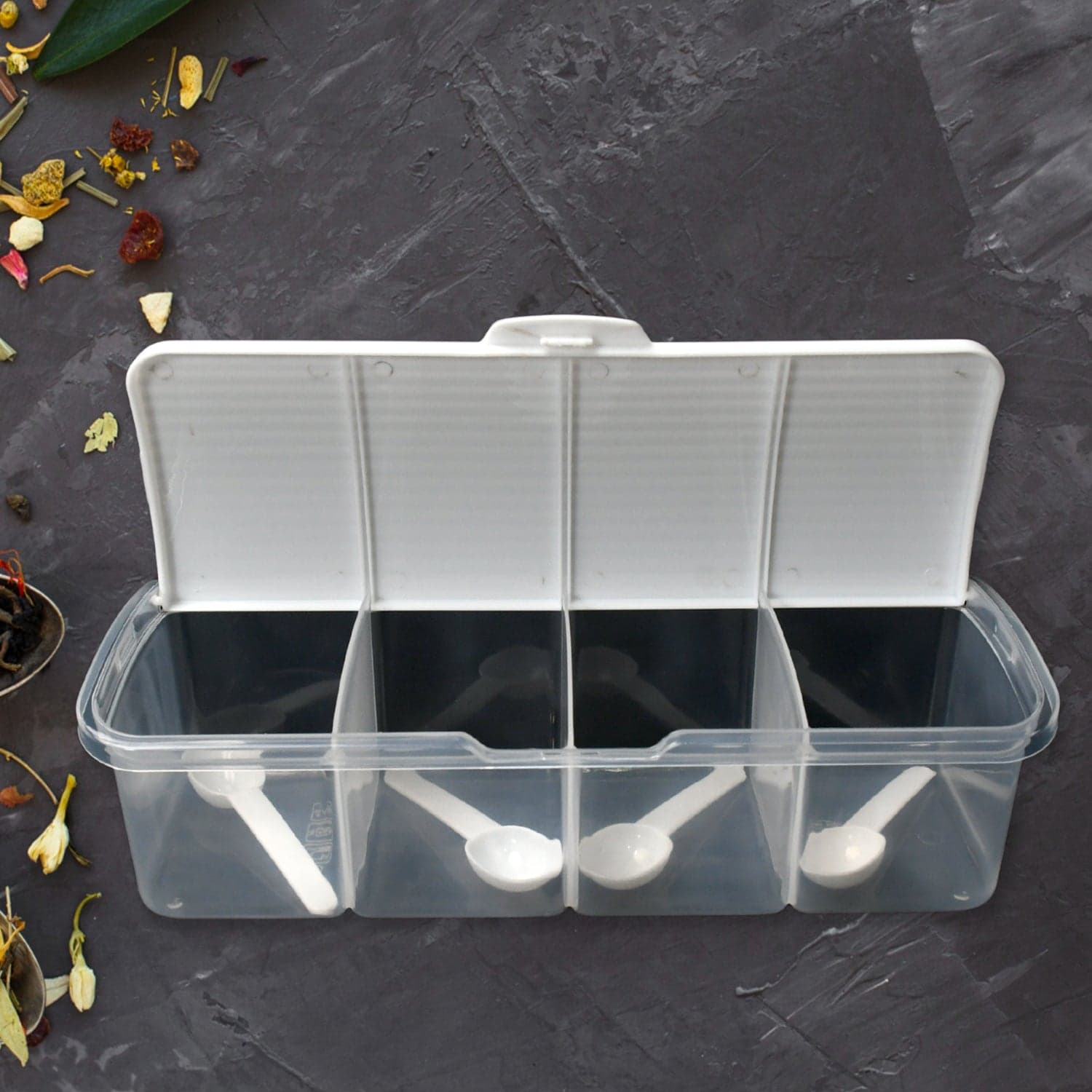 Kitchen Multipurpose Air-tight 4 Sections Storage Containers / Masala Box Pickle (Achar) Jar with 4 spoon for each section (1 Pc / Mix Color) thumbnail 6