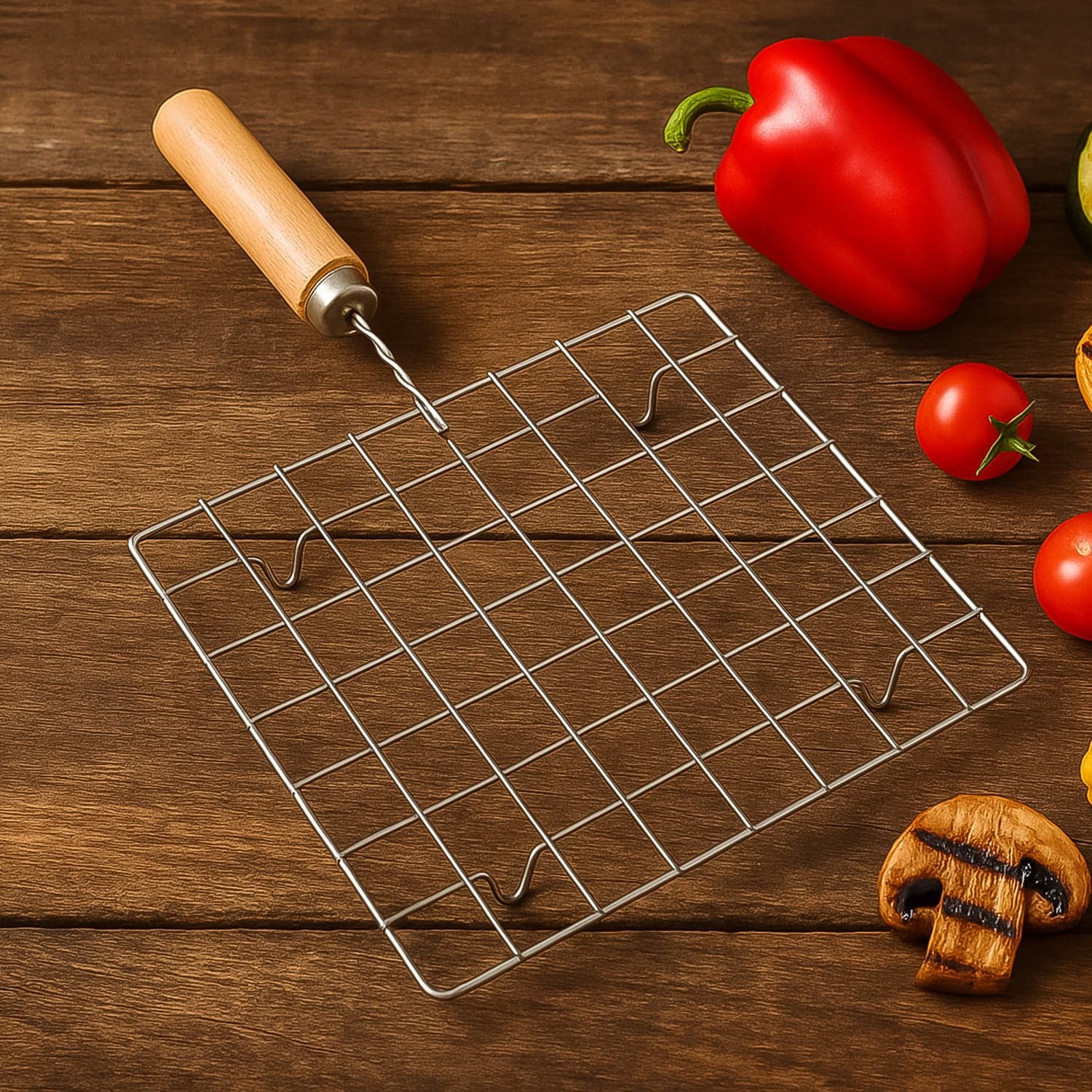 Stainless Steel Barbecue Grill Rack With Wooden Handle thumbnail 2