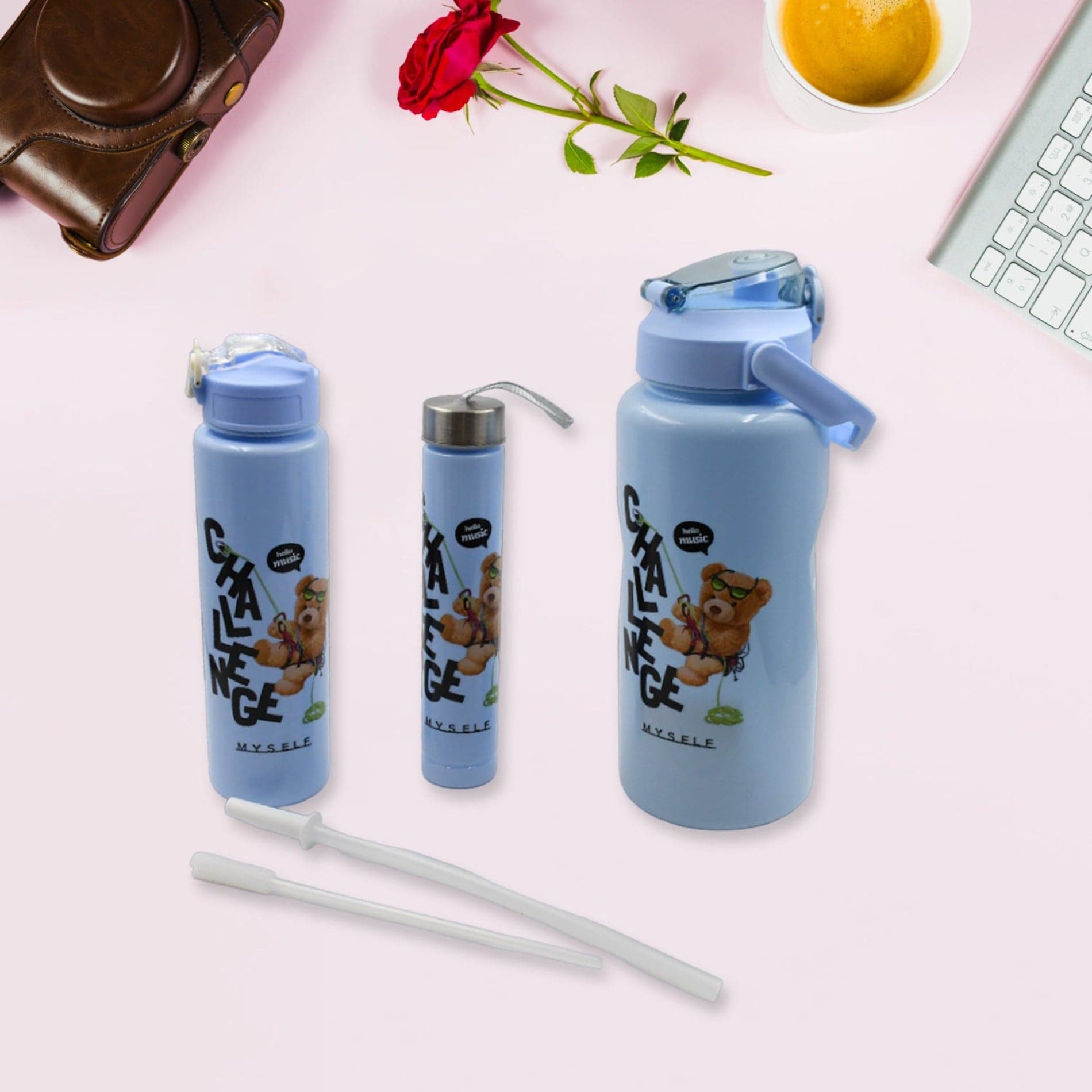 Plastic Water Bottle Set Of Bpa-Free, Leak-Proof, Cartoon Design For Kids & Gym (3 Pc Set) thumbnail 1