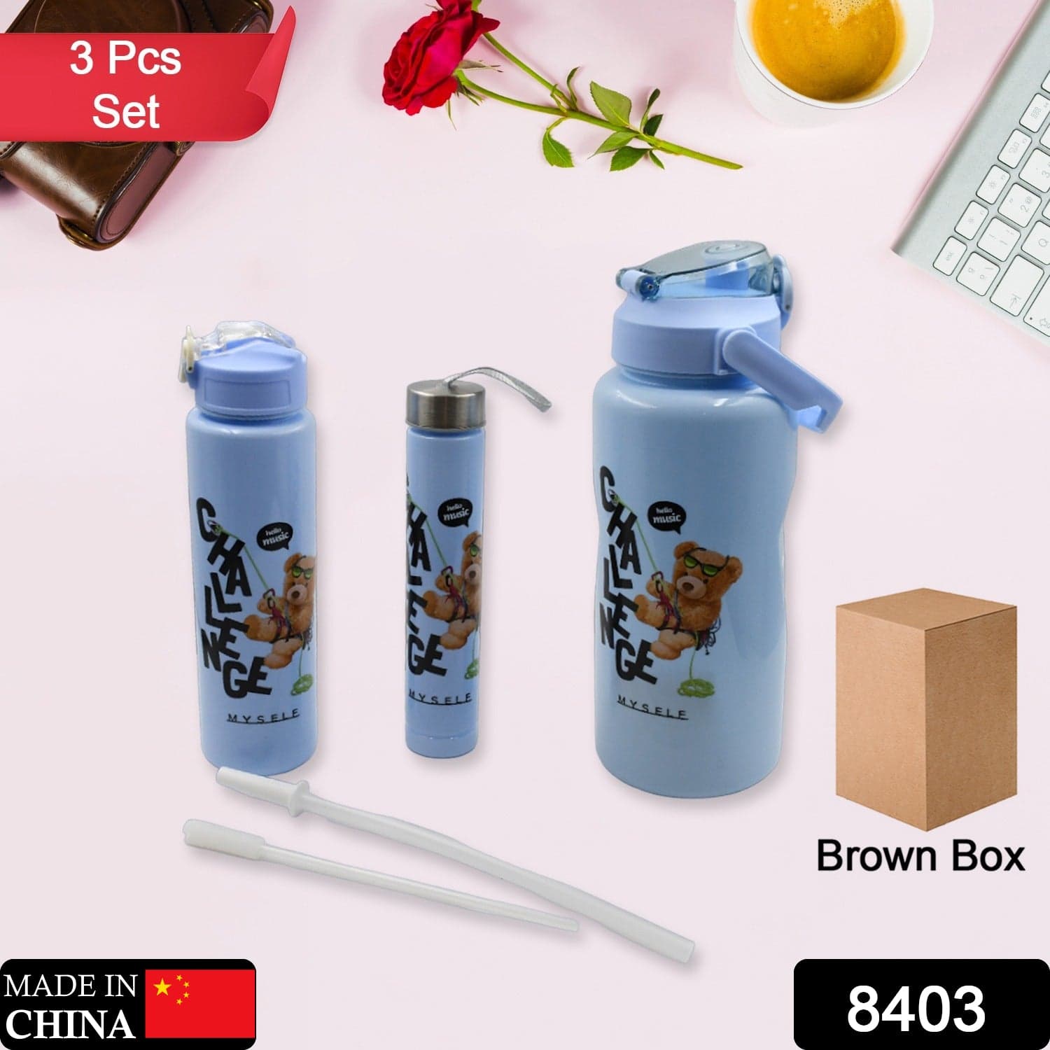 Plastic Water Bottle Set Of Bpa-Free, Leak-Proof, Cartoon Design For Kids & Gym (3 Pc Set) thumbnail 2