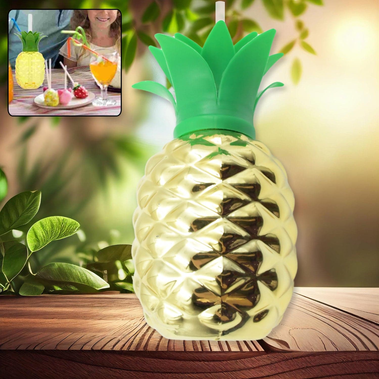 Plastic Pineapple Cups with Straw (1 Pc) - Party Favors, Hawaiian, Beach thumbnail 1