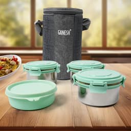Ganesh 4In1 Tiffin Box-Lunch Box | 3 Stainless Steel Containers 300 Ml Approx & Plastic Salad Container 200 Ml Approx| Plastic Lid Box | Round Zip Bag | Leak Proof | Microwave Safe For Office