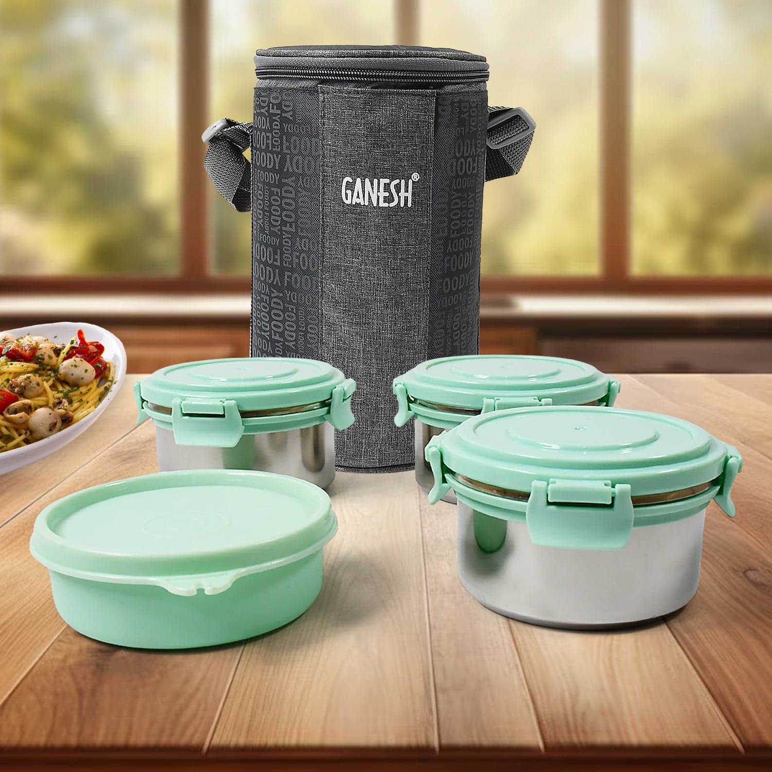 Ganesh 4In1 Tiffin Box-Lunch Box | 3 Stainless Steel Containers 300 Ml Approx & Plastic Salad Container 200 Ml Approx| Plastic Lid Box | Round Zip Bag | Leak Proof | Microwave Safe For Office thumbnail 1