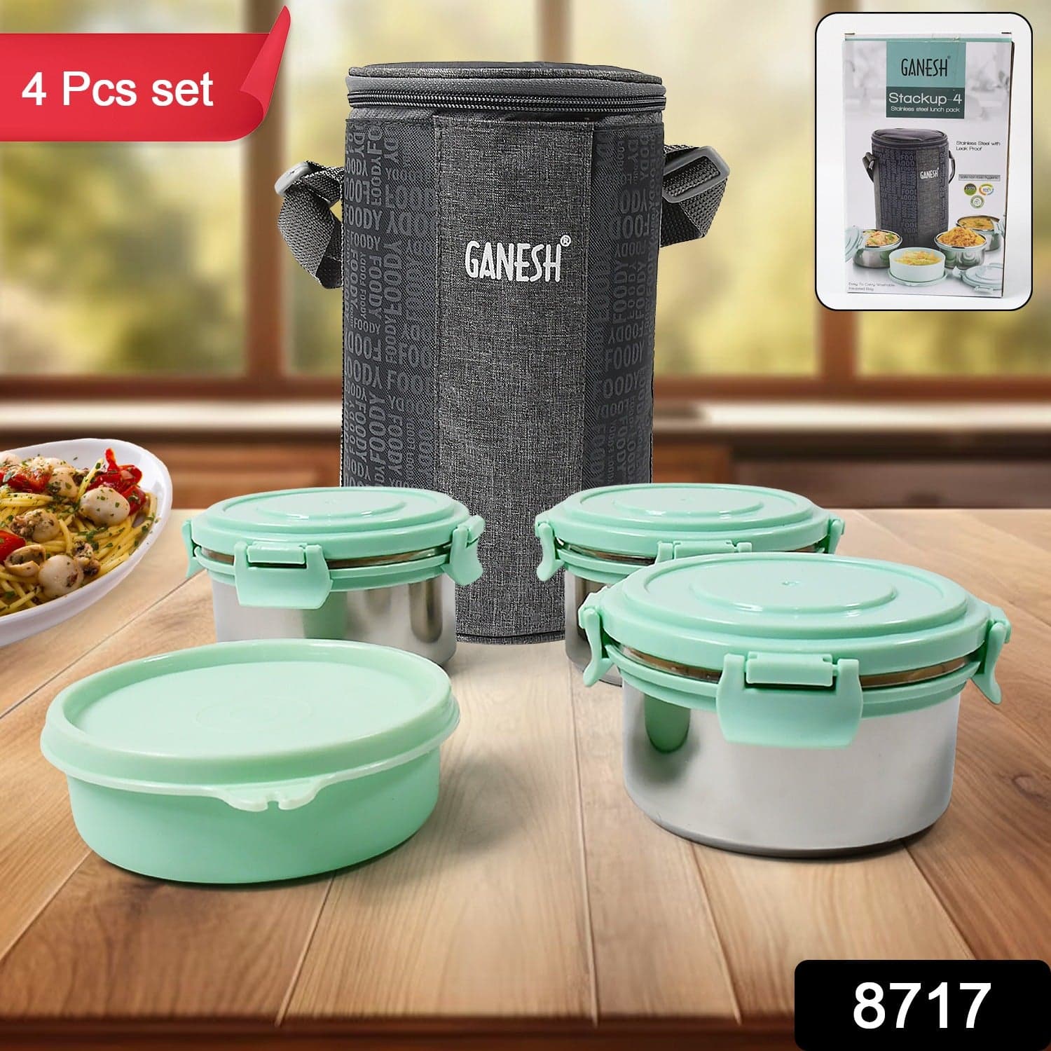 Ganesh 4In1 Tiffin Box-Lunch Box | 3 Stainless Steel Containers 300 Ml Approx & Plastic Salad Container 200 Ml Approx| Plastic Lid Box | Round Zip Bag | Leak Proof | Microwave Safe For Office thumbnail 2