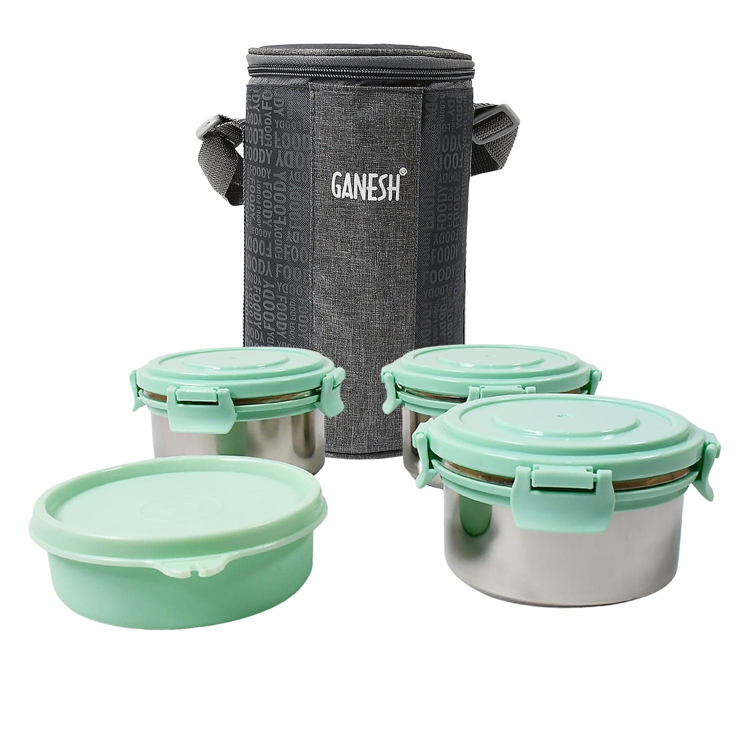 Ganesh 4In1 Tiffin Box-Lunch Box | 3 Stainless Steel Containers 300 Ml Approx & Plastic Salad Container 200 Ml Approx| Plastic Lid Box | Round Zip Bag | Leak Proof | Microwave Safe For Office thumbnail 4