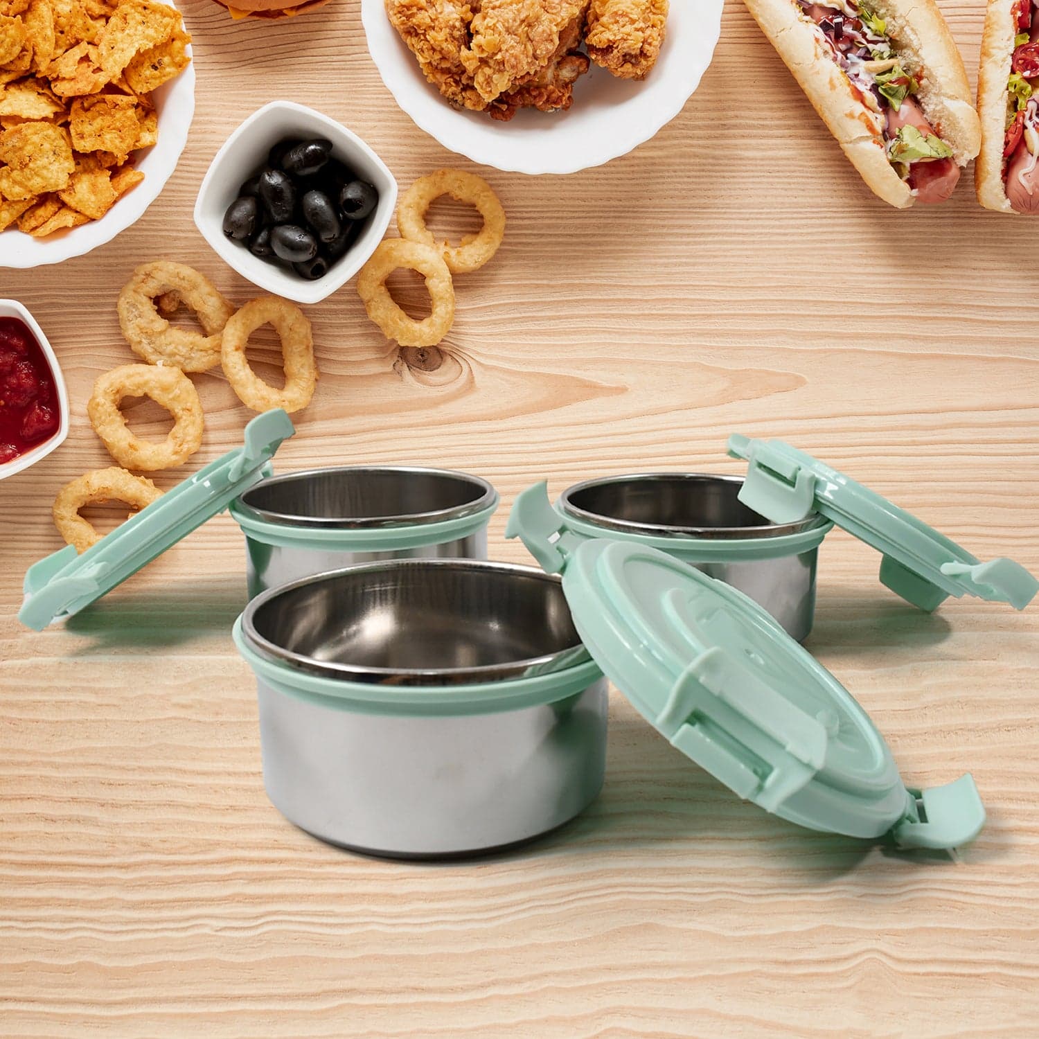 Ganesh 4In1 Tiffin Box-Lunch Box | 3 Stainless Steel Containers 300 Ml Approx & Plastic Salad Container 200 Ml Approx| Plastic Lid Box | Round Zip Bag | Leak Proof | Microwave Safe For Office thumbnail 5
